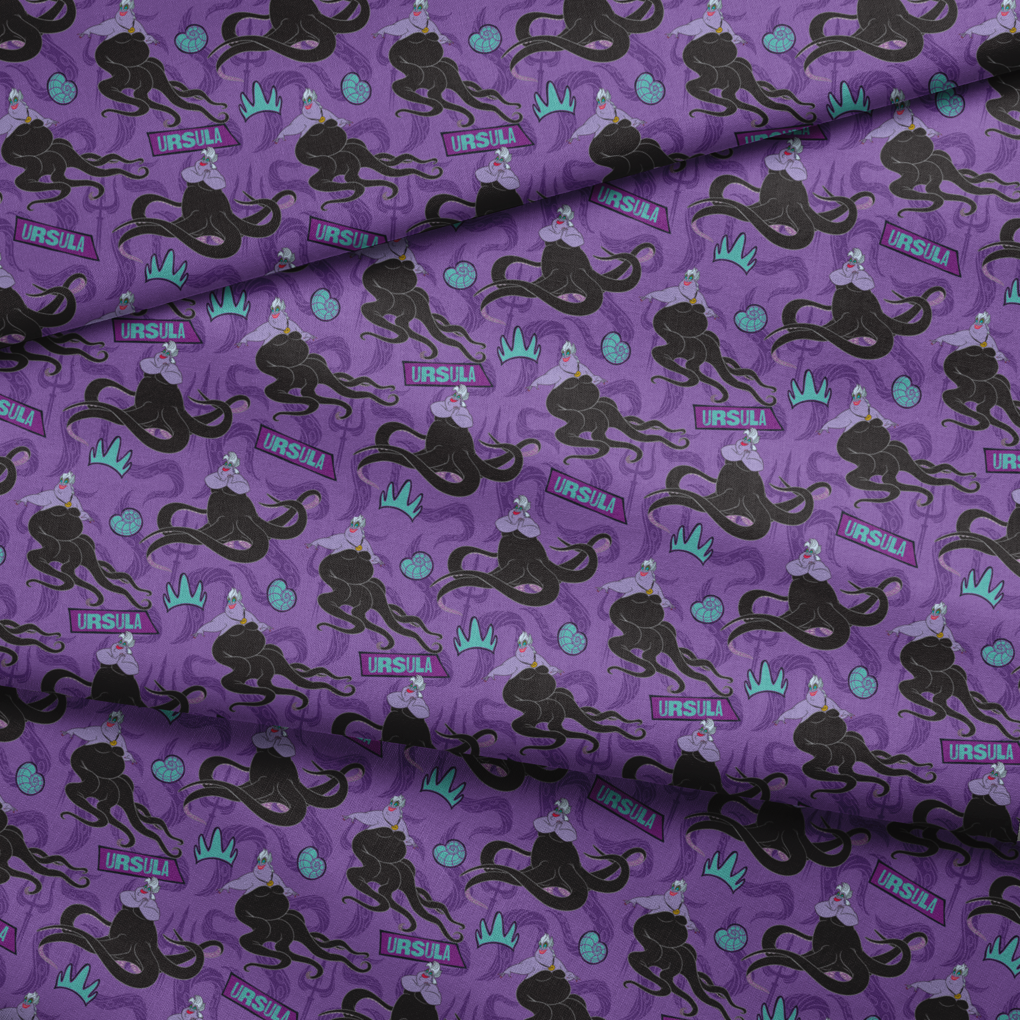 Purple background with Ursula silhouettes, tentacles, turquoise crowns, and name plates in repeating pattern fabric fold mockup