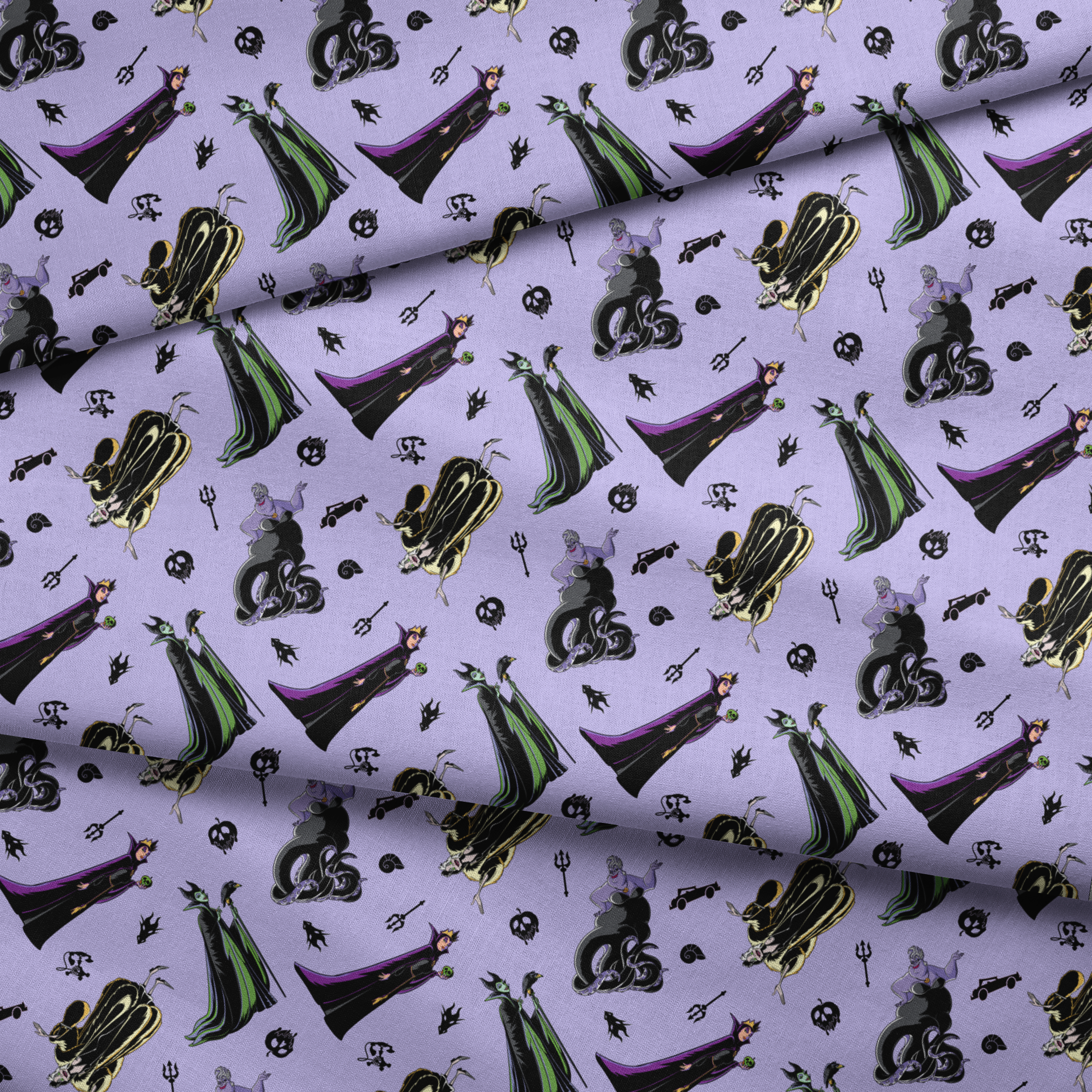 Disney villain characters pattern on purple background, featuring Maleficent and other iconic antagonists in stylized form fabric fold mockup