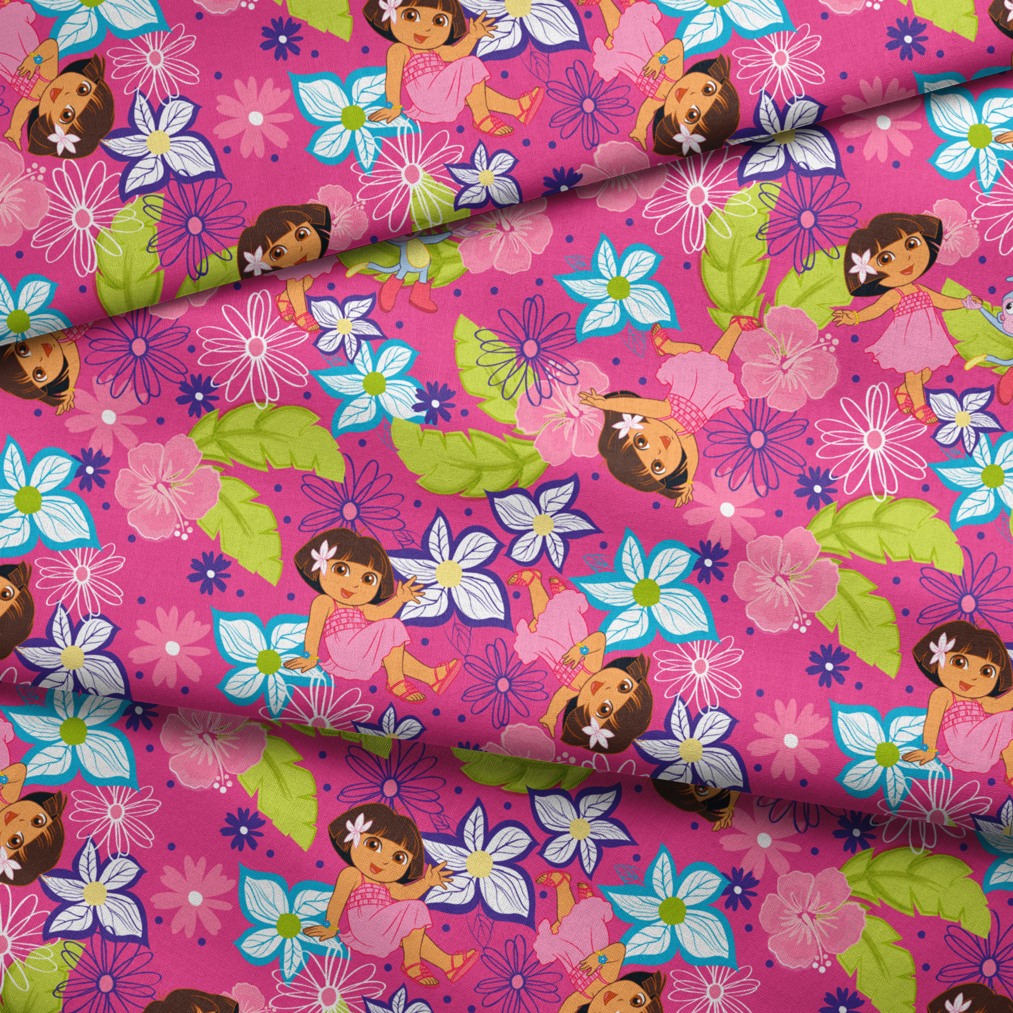 Colorful cartoon pattern with Dora the Explorer characters among vibrant flowers on pink background fabric fold mockup