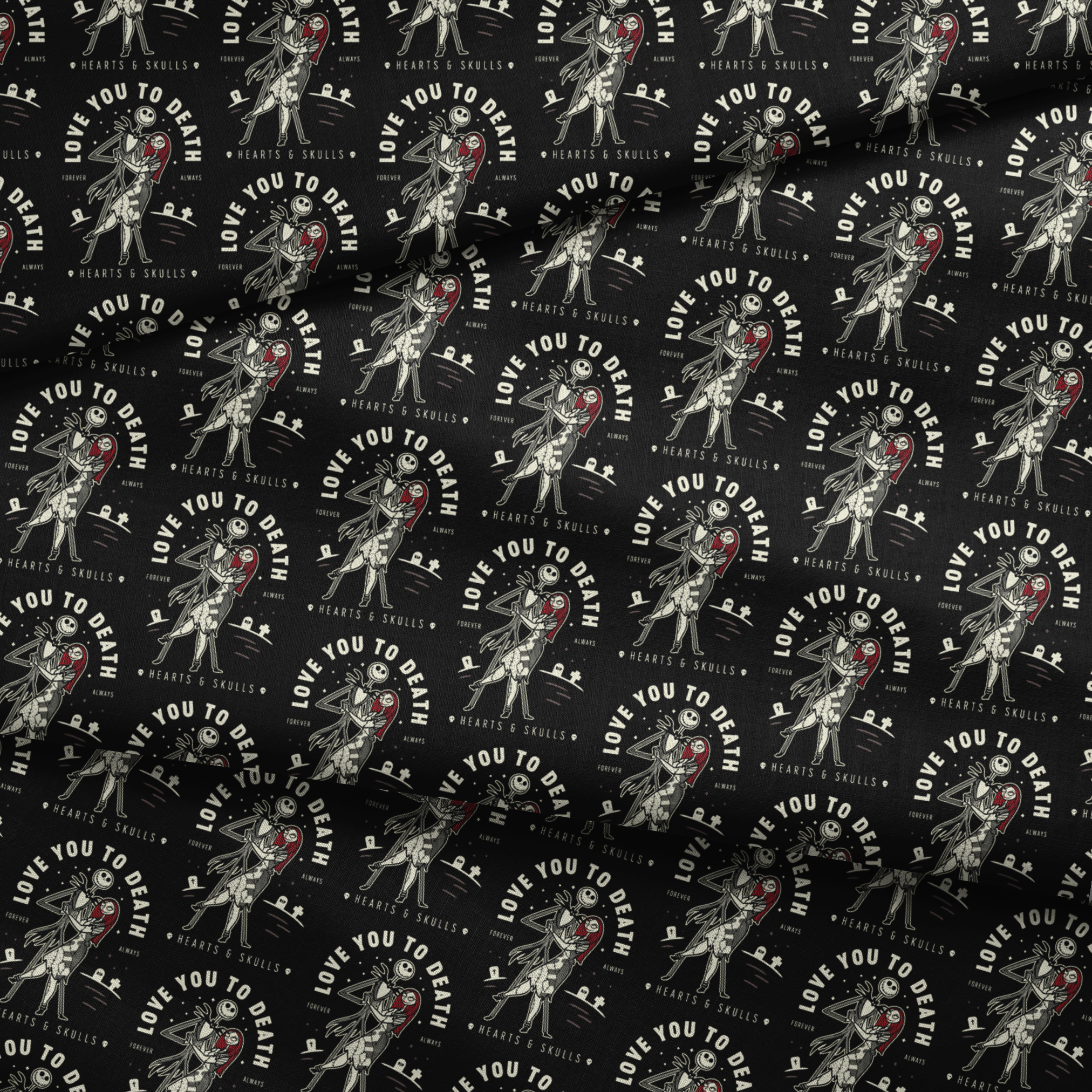 Repeating pattern of skeletal figures holding red hearts with "LOVE YOU TO DEATH" text on black background fabric fold mockup