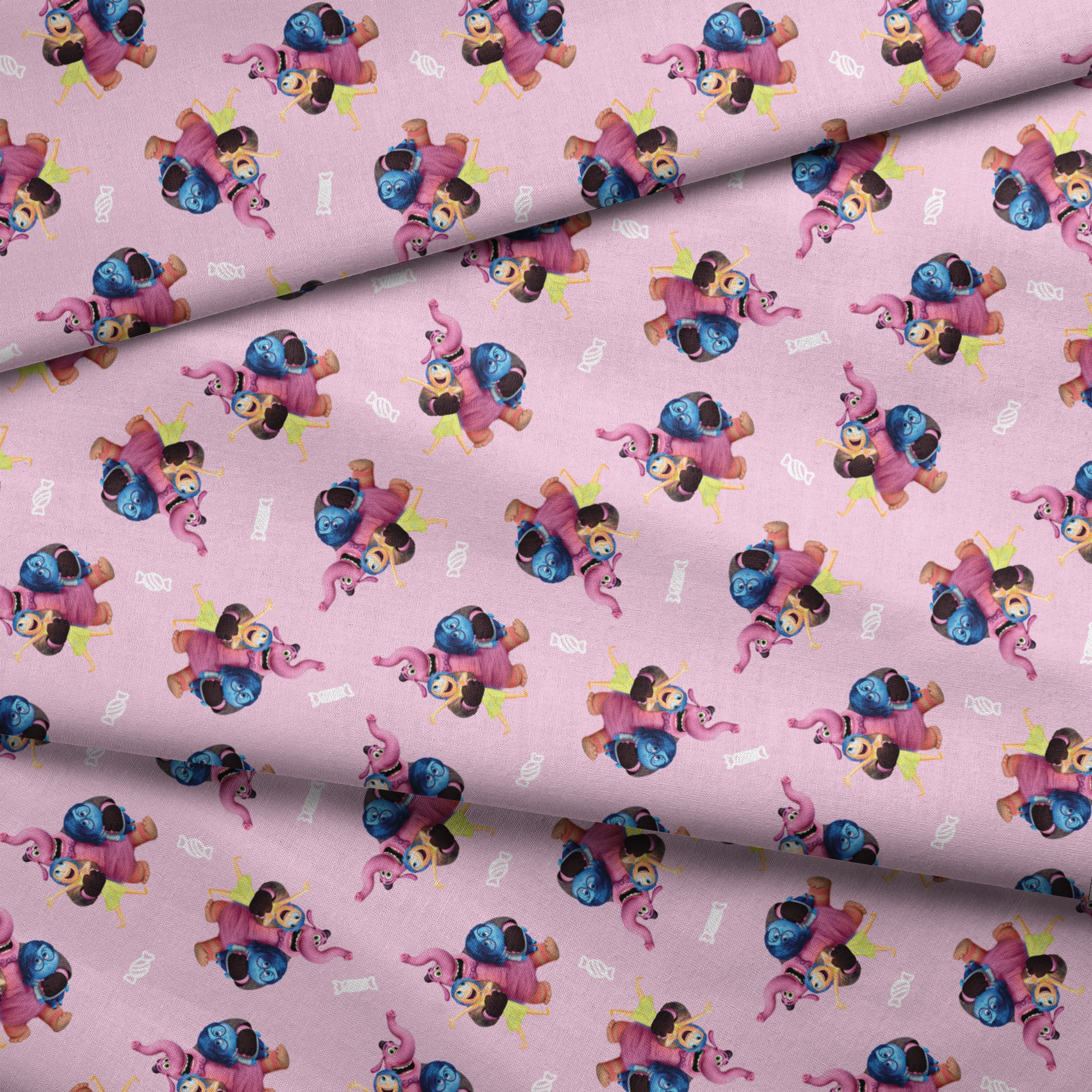 Repeating pattern of Inside Out characters on a lavender background fabric fold mockup