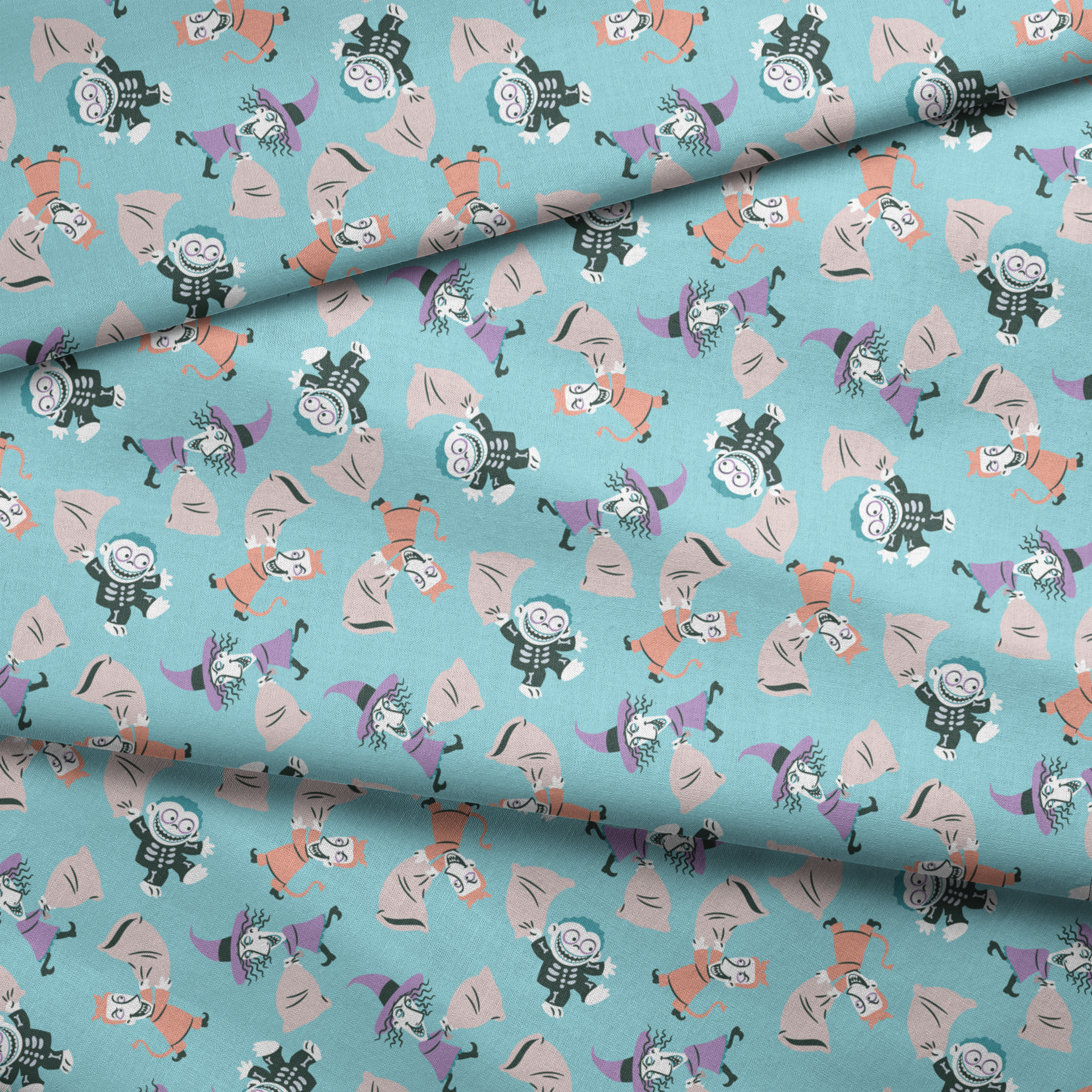 Whimsical pattern of cartoon characters in Halloween costumes on light blue background fabric fold mockup