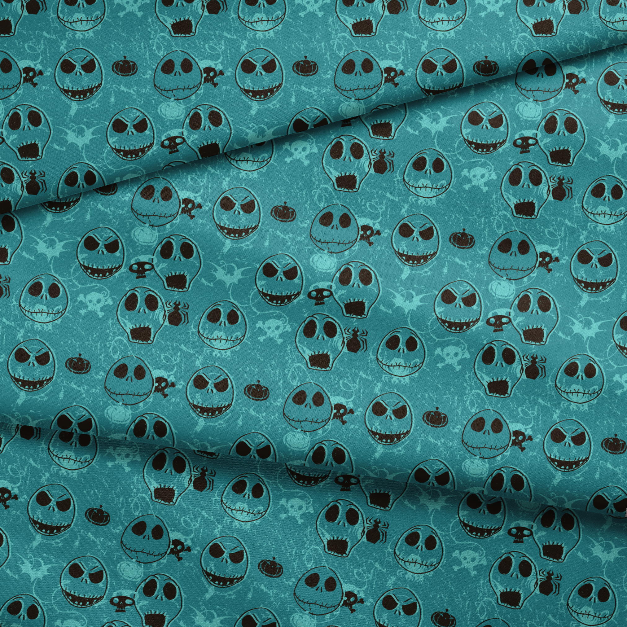 Teal pattern of cartoon skull faces with different expressions, Halloween elements like pumpkins and spiders fabric fold mockup