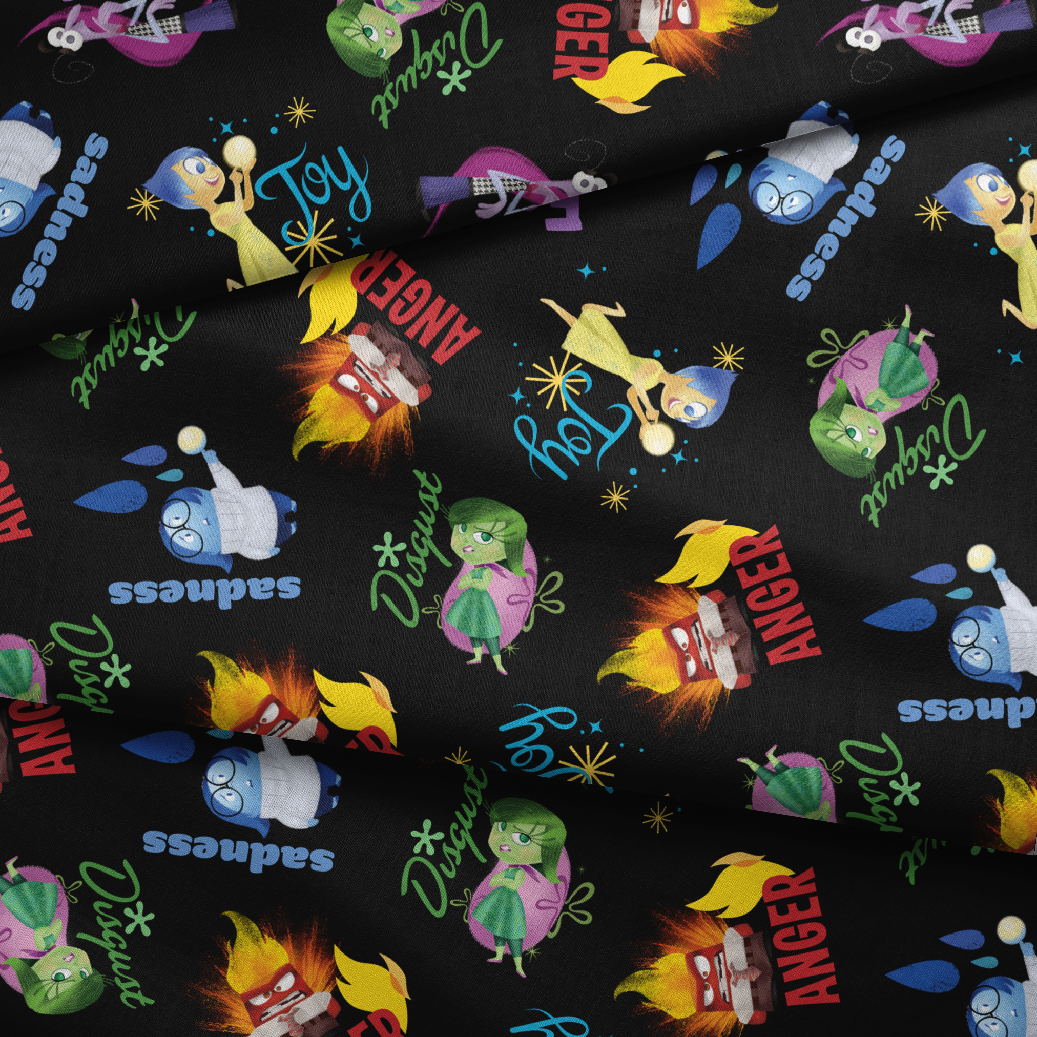 Colorful Pixar pattern on black background with Inside Out characters and emotion words like "Fear fabric fold mockup