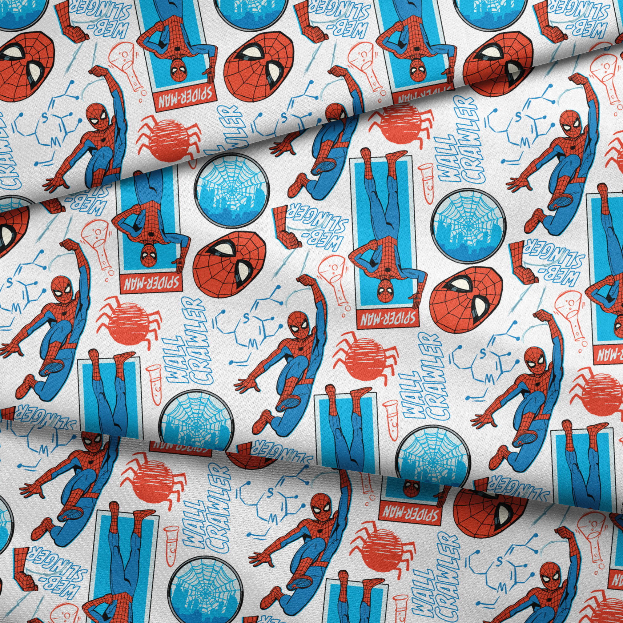 Comic-style Spider-Man pattern with red and blue figures in various poses, spider symbols, and text on white background fabric fold mockup
