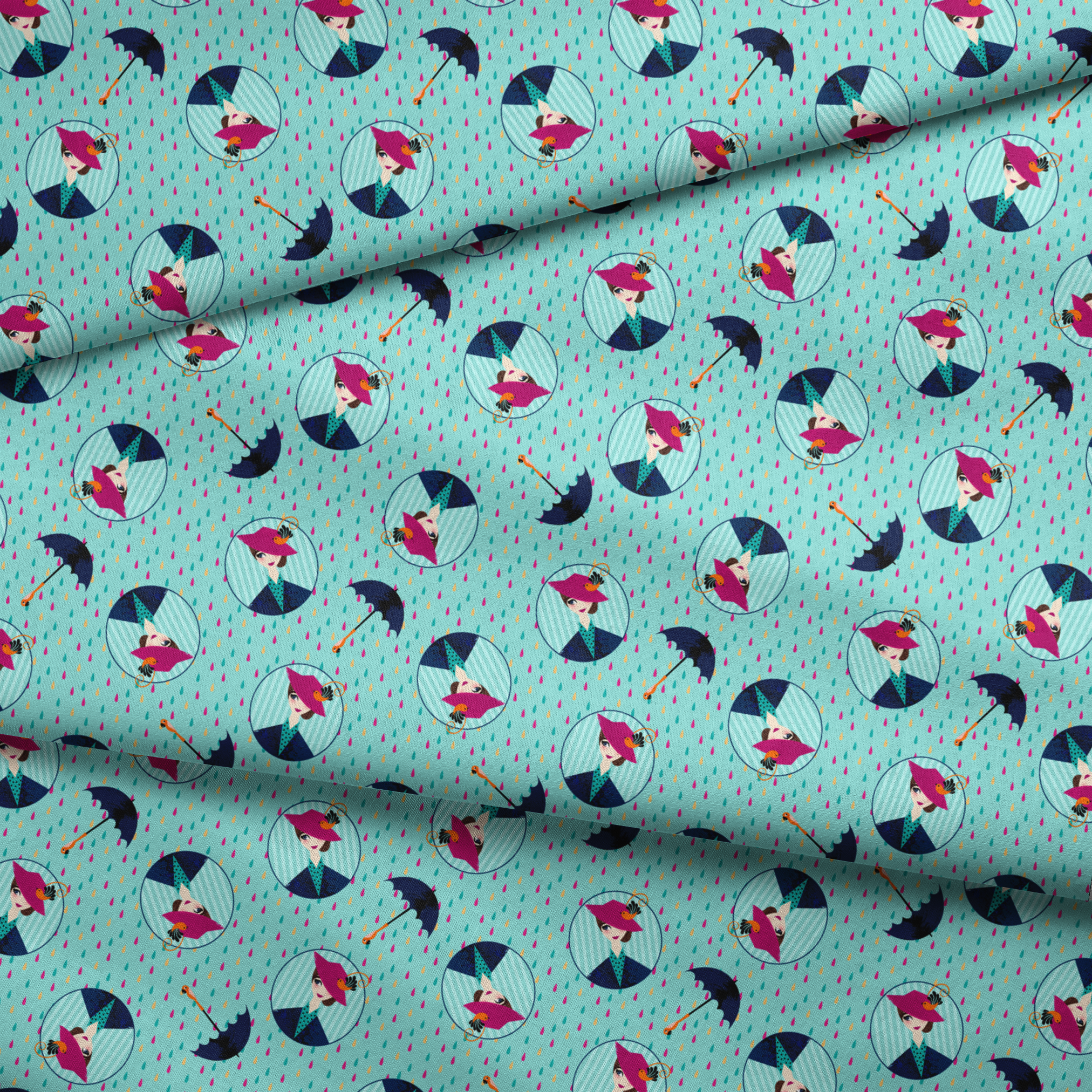Colorful rainy pattern with Mary Poppins holding umbrellas in circular frames on turquoise background with pink raindrops fabric fold mockup