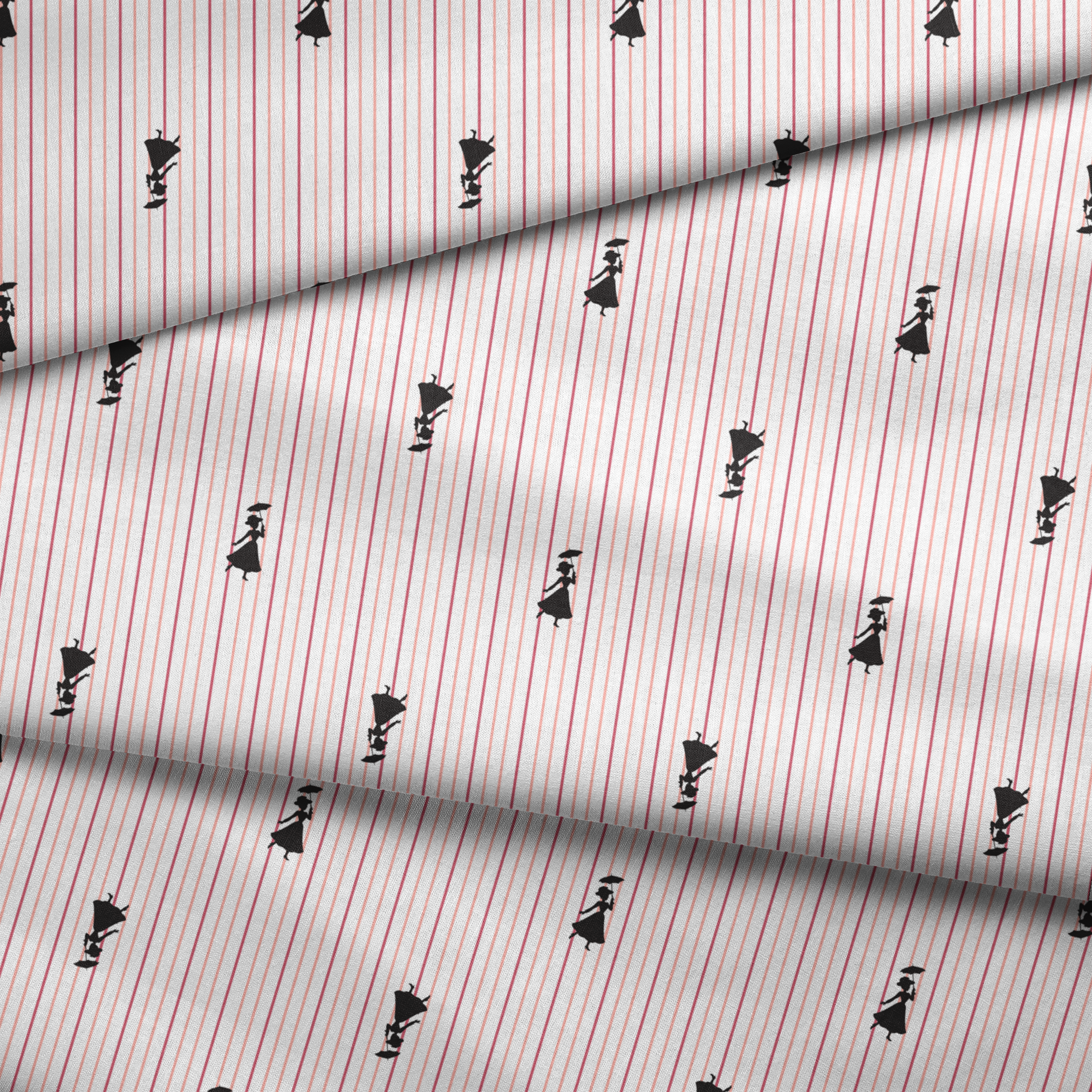 Mary Poppins silhouette figures on white background with thin pink vertical stripes fabric fold mockup