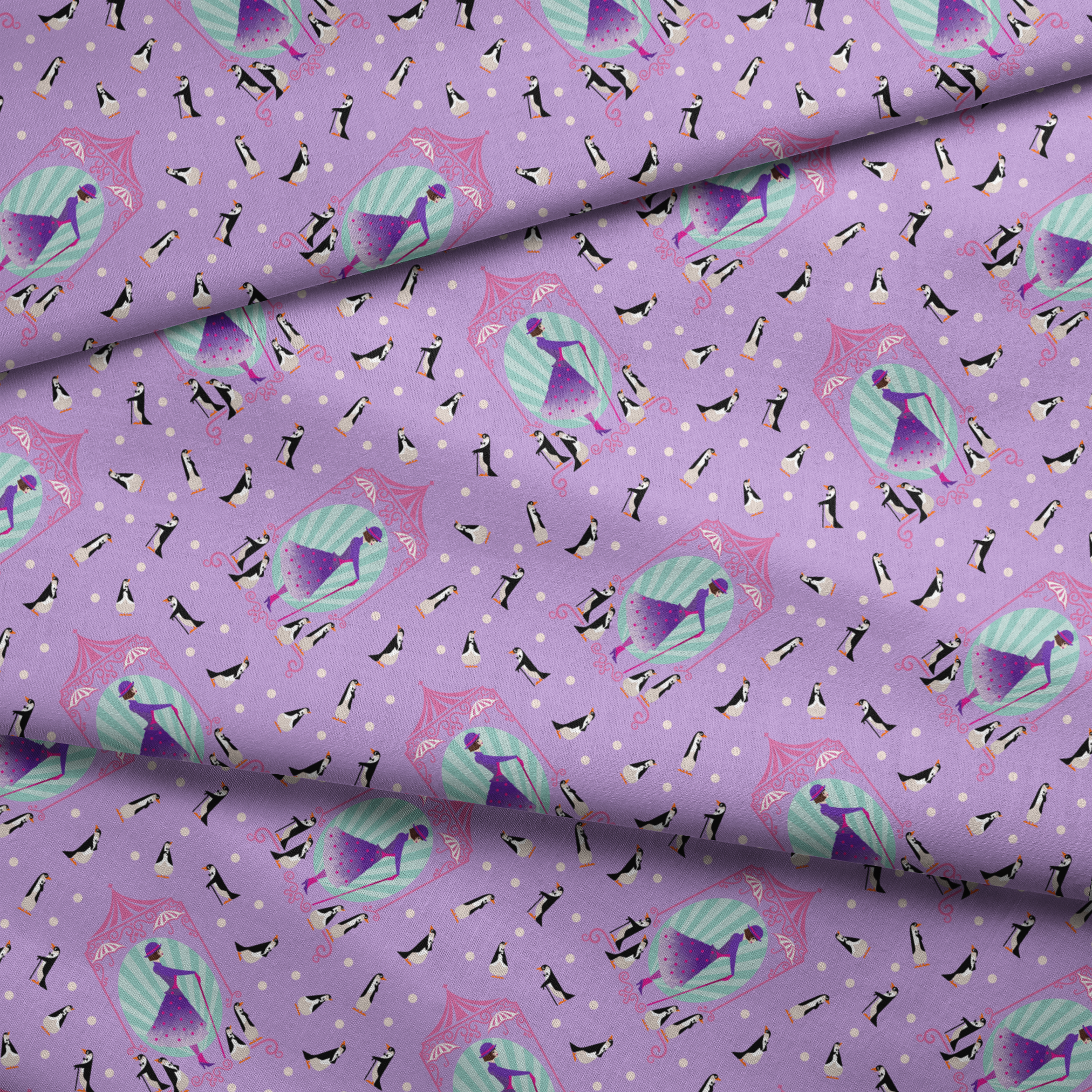 Playful pattern of penguins, Mary Poppins, and purple umbrellas on lavender background with white polka dots fabric fold mockup