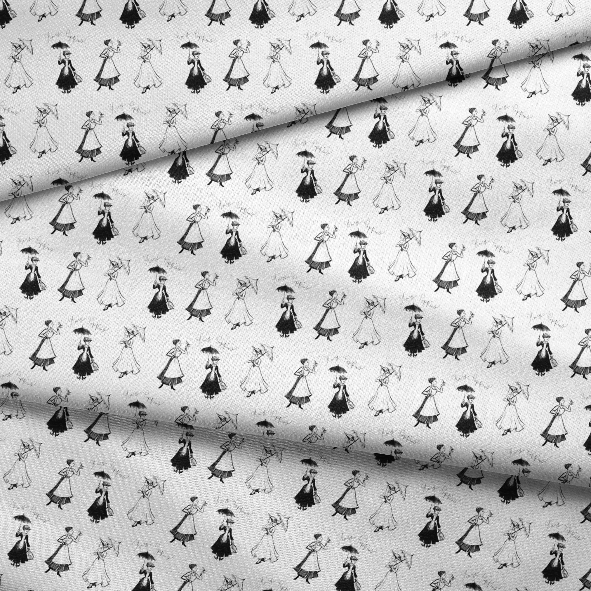 Sketchy illustration pattern of Mary Poppins, shown in various poses in black and white fabric fold mockup