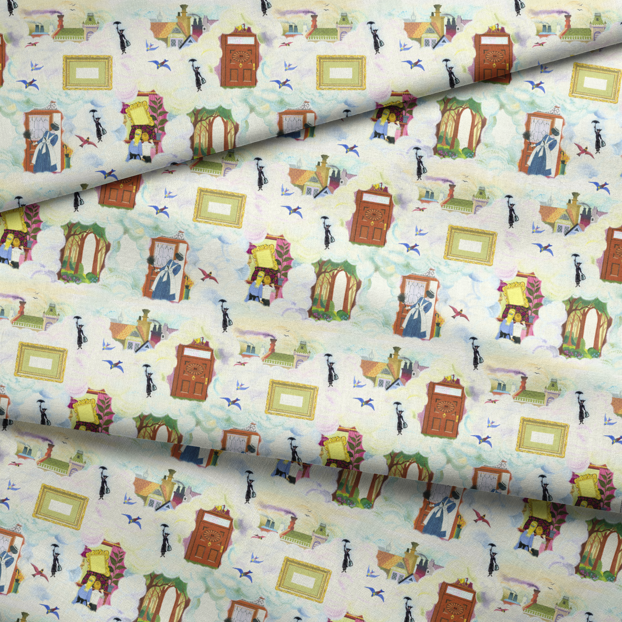 Whimsical pattern with colorful illustrated doorways, frames, and Mary Poppins with umbrellas on a pale blue background fabric fold mockup