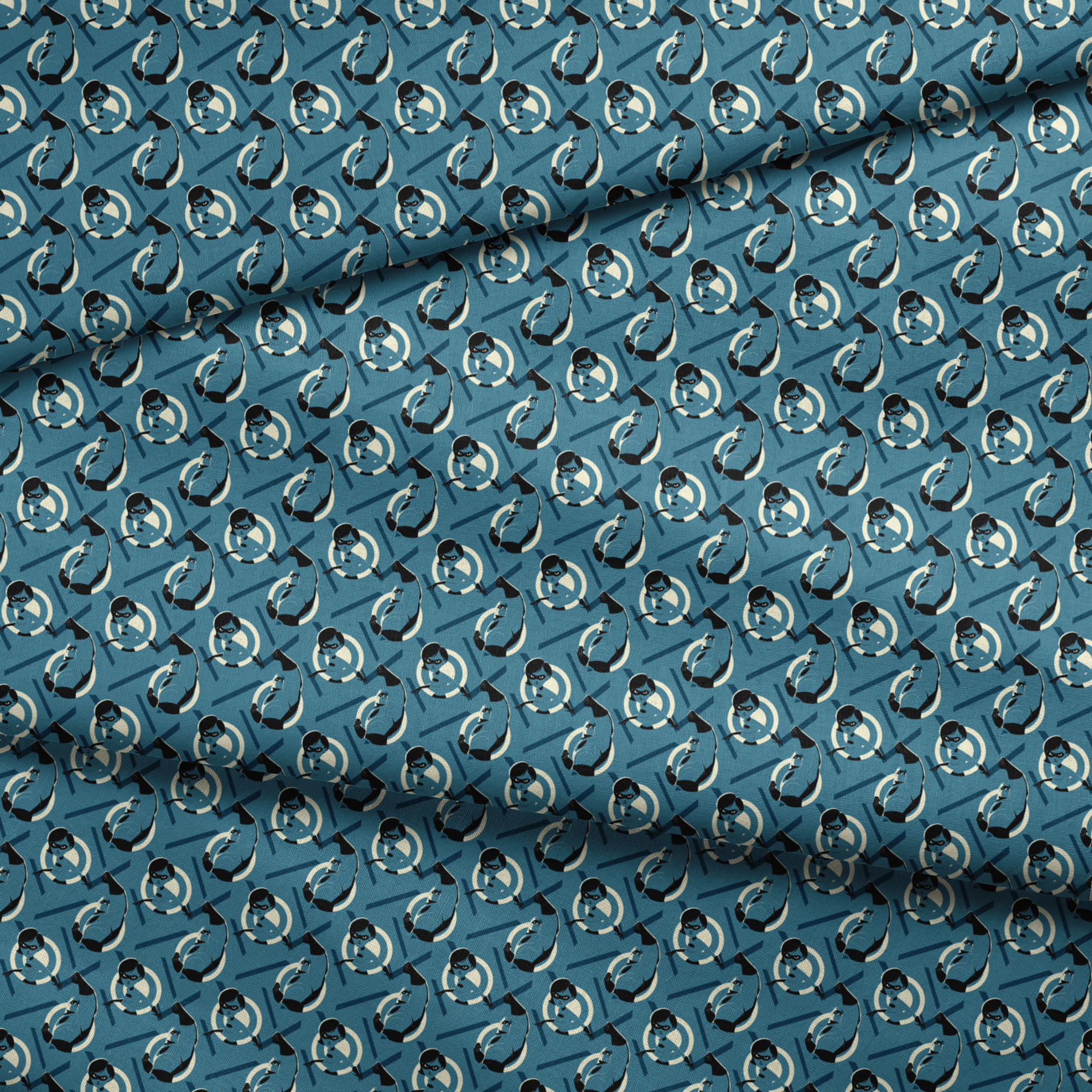 Stylized Mr. Incredible in blue and black with raised fist against geometric circular background fabric fold mockup