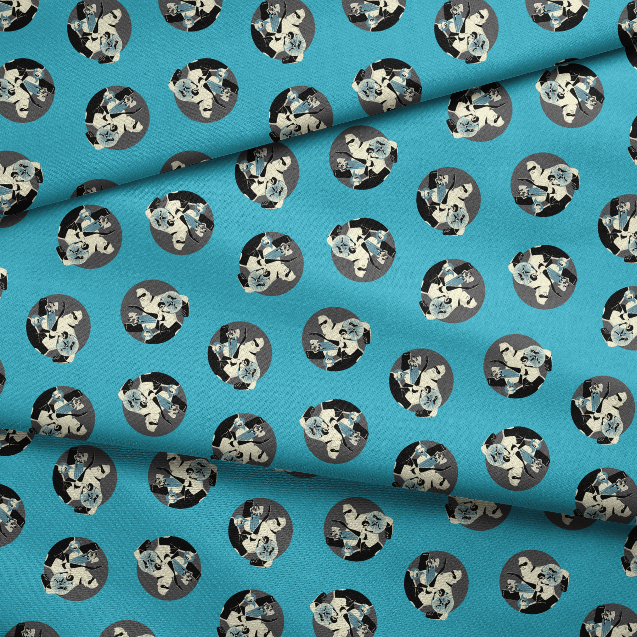 Repeating circular pattern of The Incredibles characters in gray circles on light blue background fabric fold mockup
