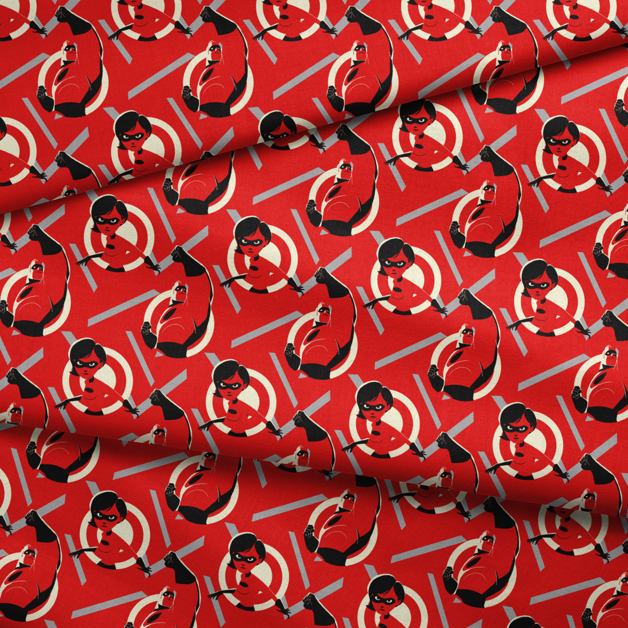 Stylized Incredibles characters in red, black and white with a dynamic pose against spiral background pattern. fabric fold mockup
