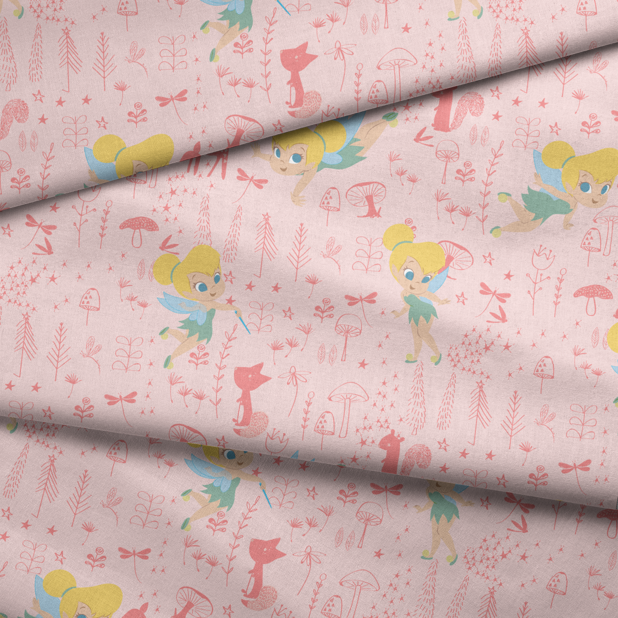 Pink whimsical pattern with cartoon fairy characters, forest animals, mushrooms, and plants in pastel colors fabric fold mockup