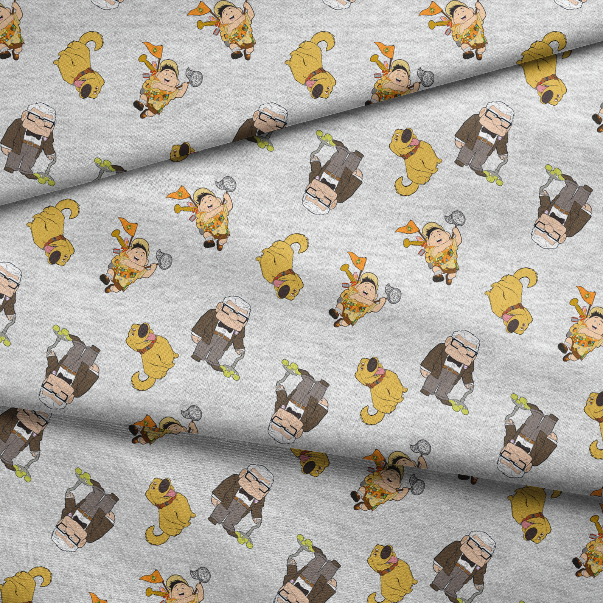 Cartoon characters from Disney's "Up" including Carl, Russell, and Dug on light gray background fabric fold mockup