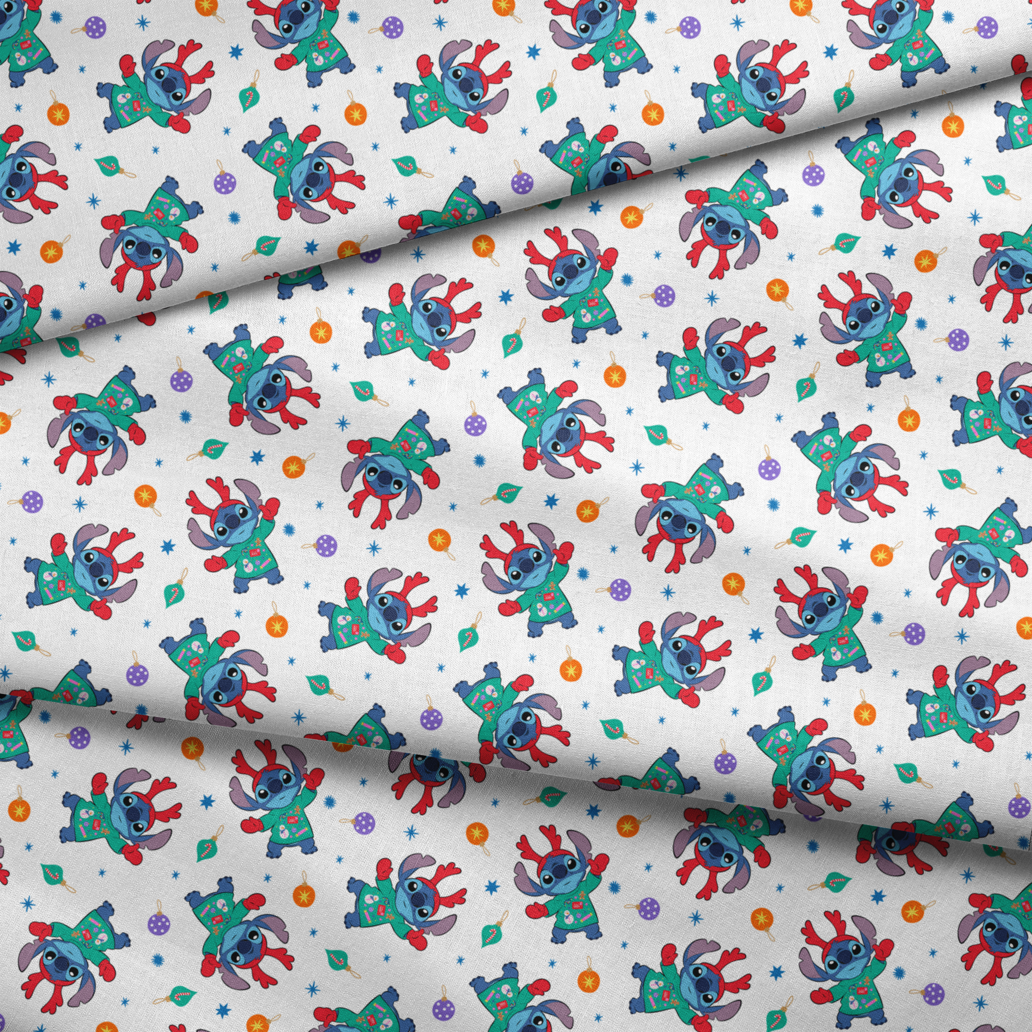 Disney's Stitch wearing green Christmas sweater and red scarf in repeating pattern with ornaments and stars. fabric fold mockup