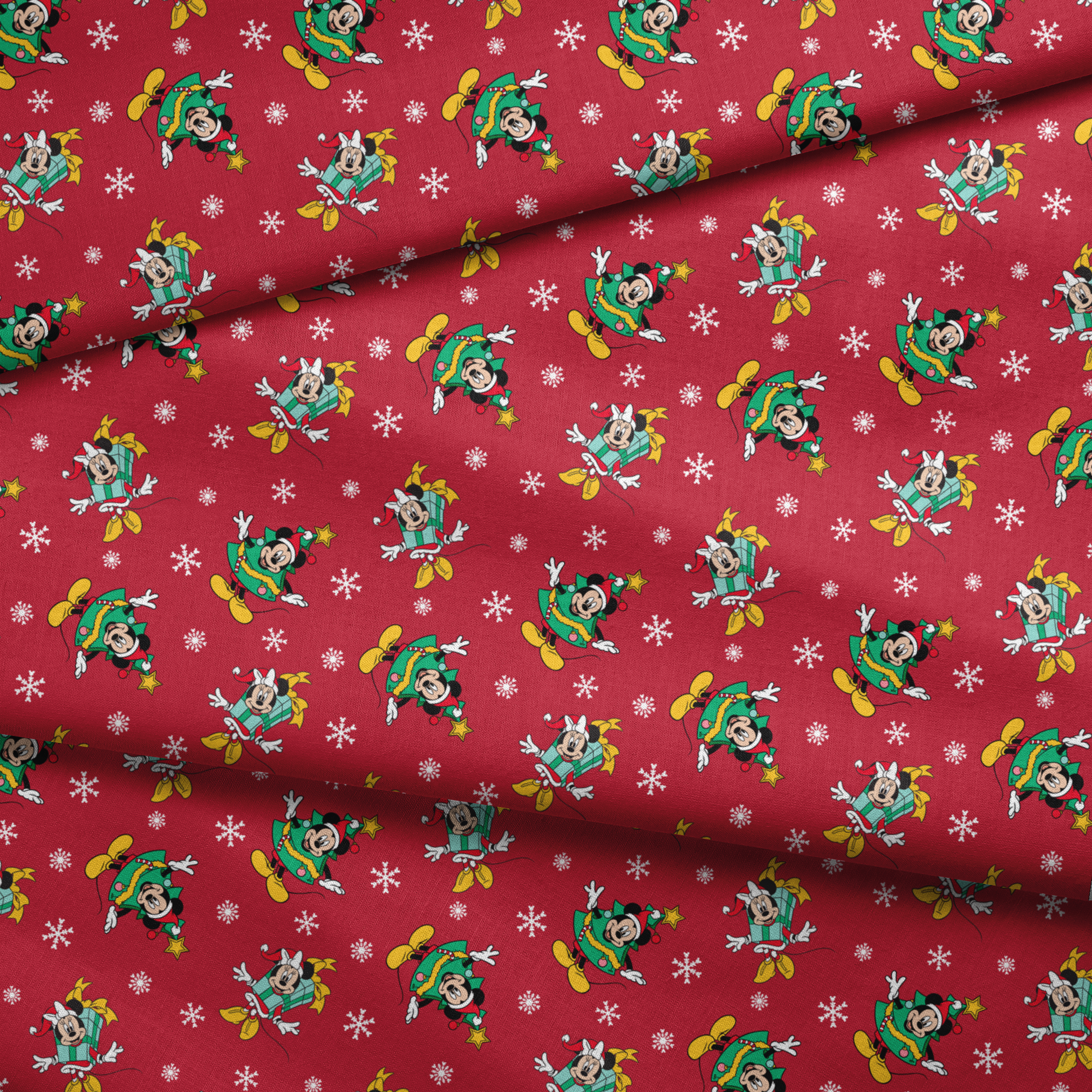Disney characters in holiday outfits on red background with white snowflakes fabric fold mockup