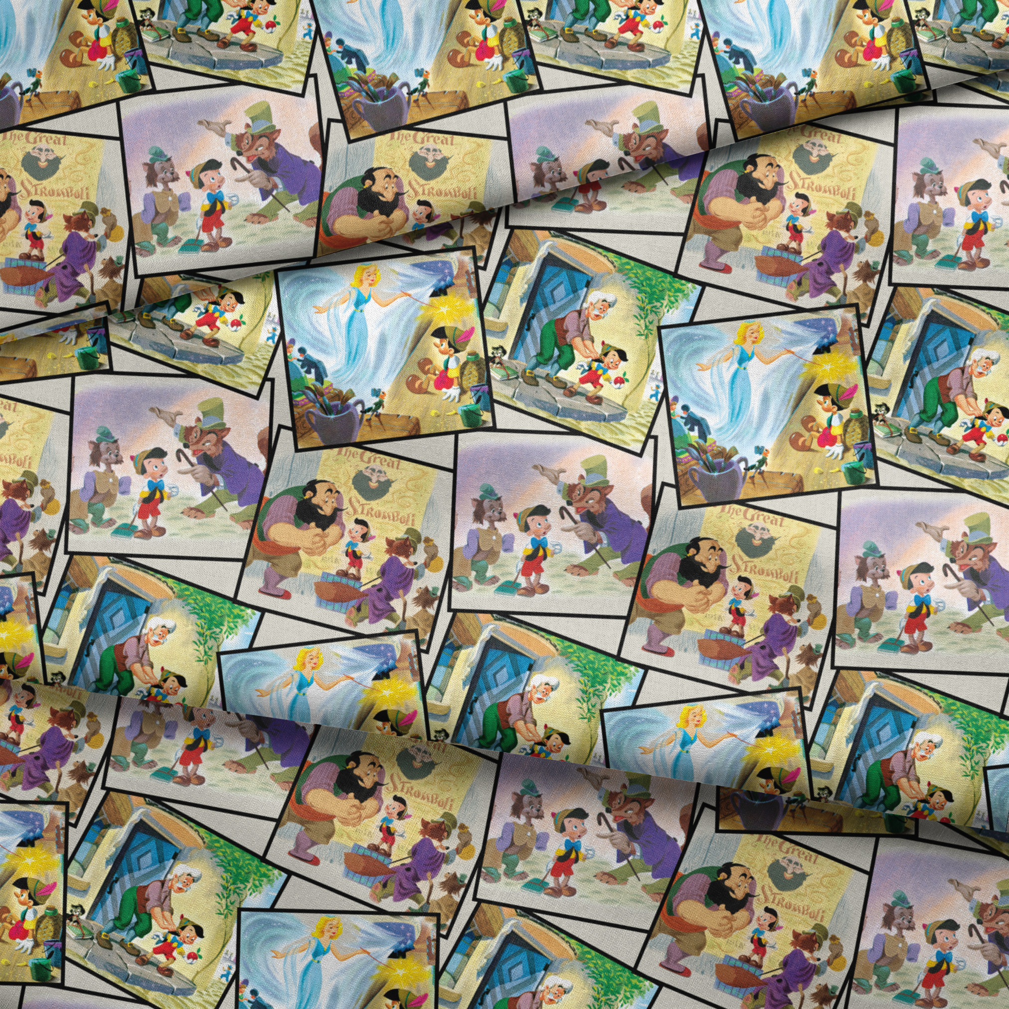 Colorful collage of Pinocchio scenes showing the wooden puppet, Geppetto, and other characters from the classic fairy tale. fabric fold mockup