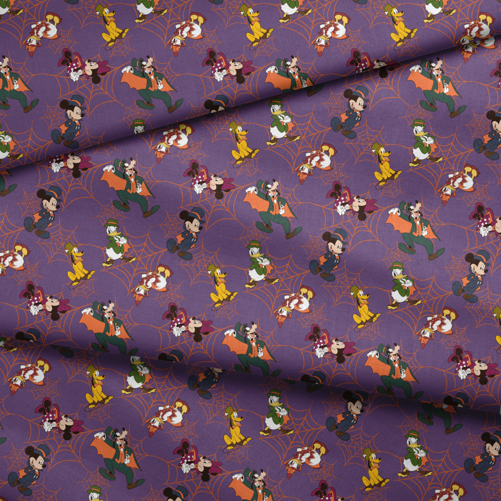 Disney cartoon characters in Halloween costumes on purple background with orange spider webs fabric fold mockup