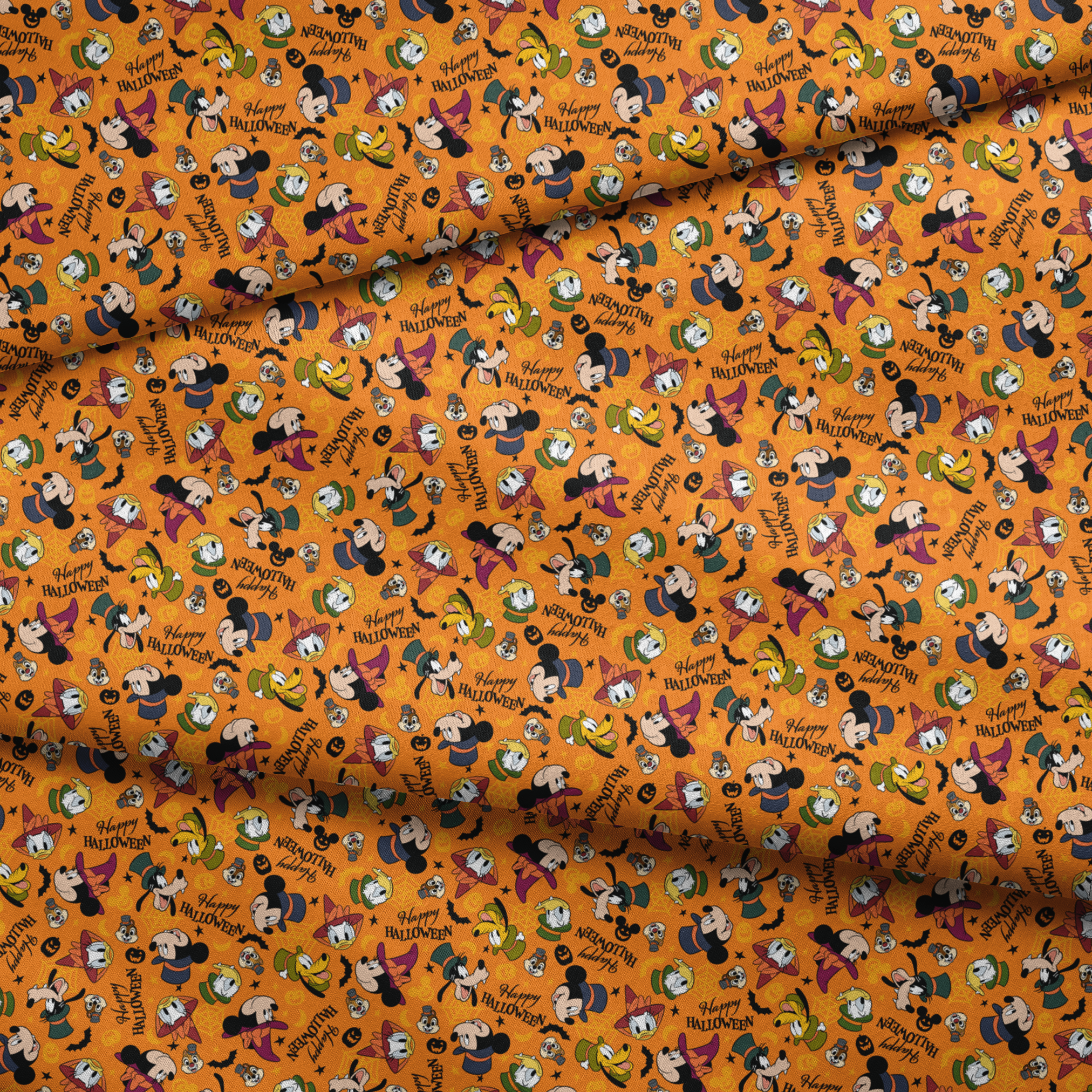 Disney characters in Halloween costumes on orange background with pumpkins and "Happy Halloween" text fabric fold mockup