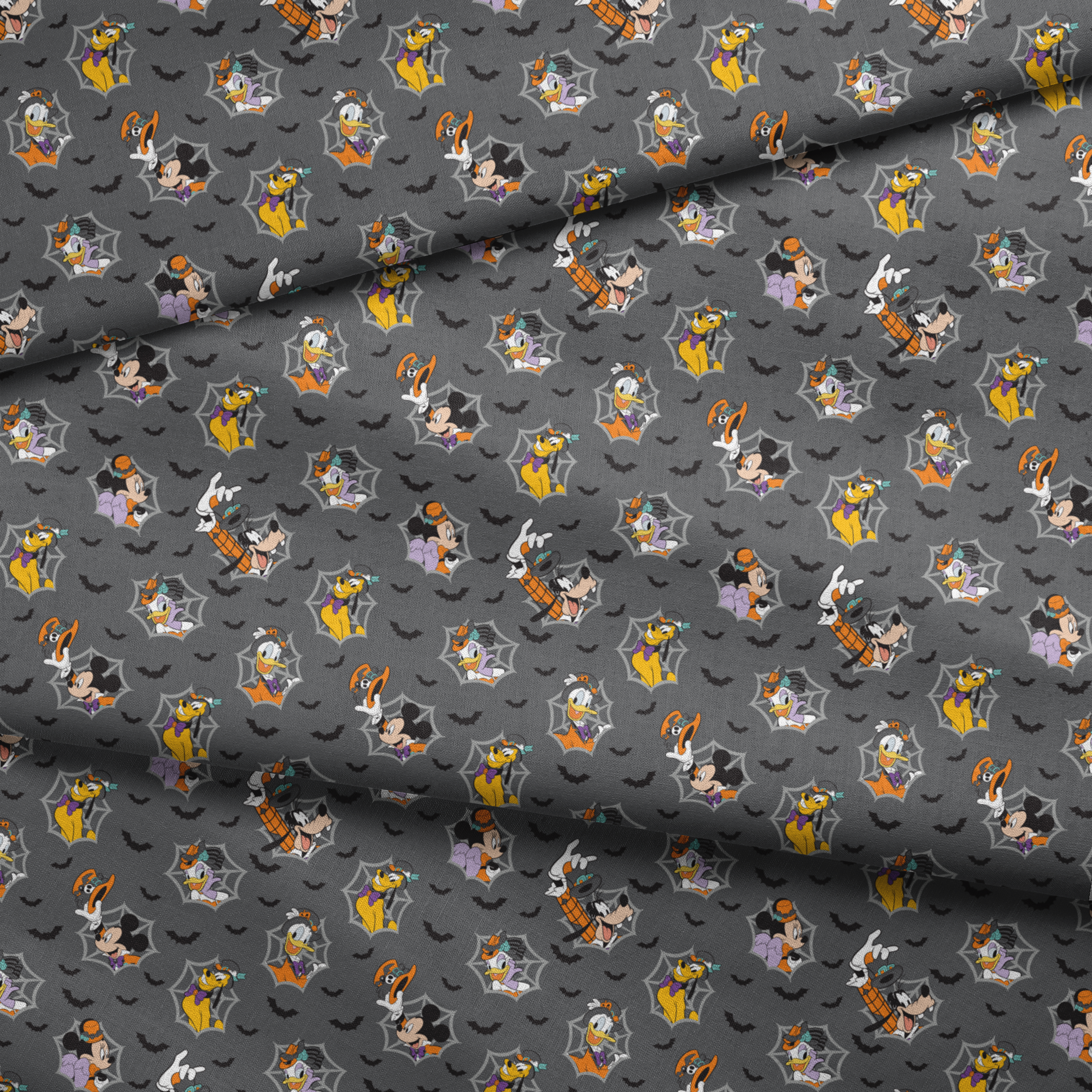 Disney cartoon characters in Halloween costumes on gray background with spider webs and bats fabric fold mockup