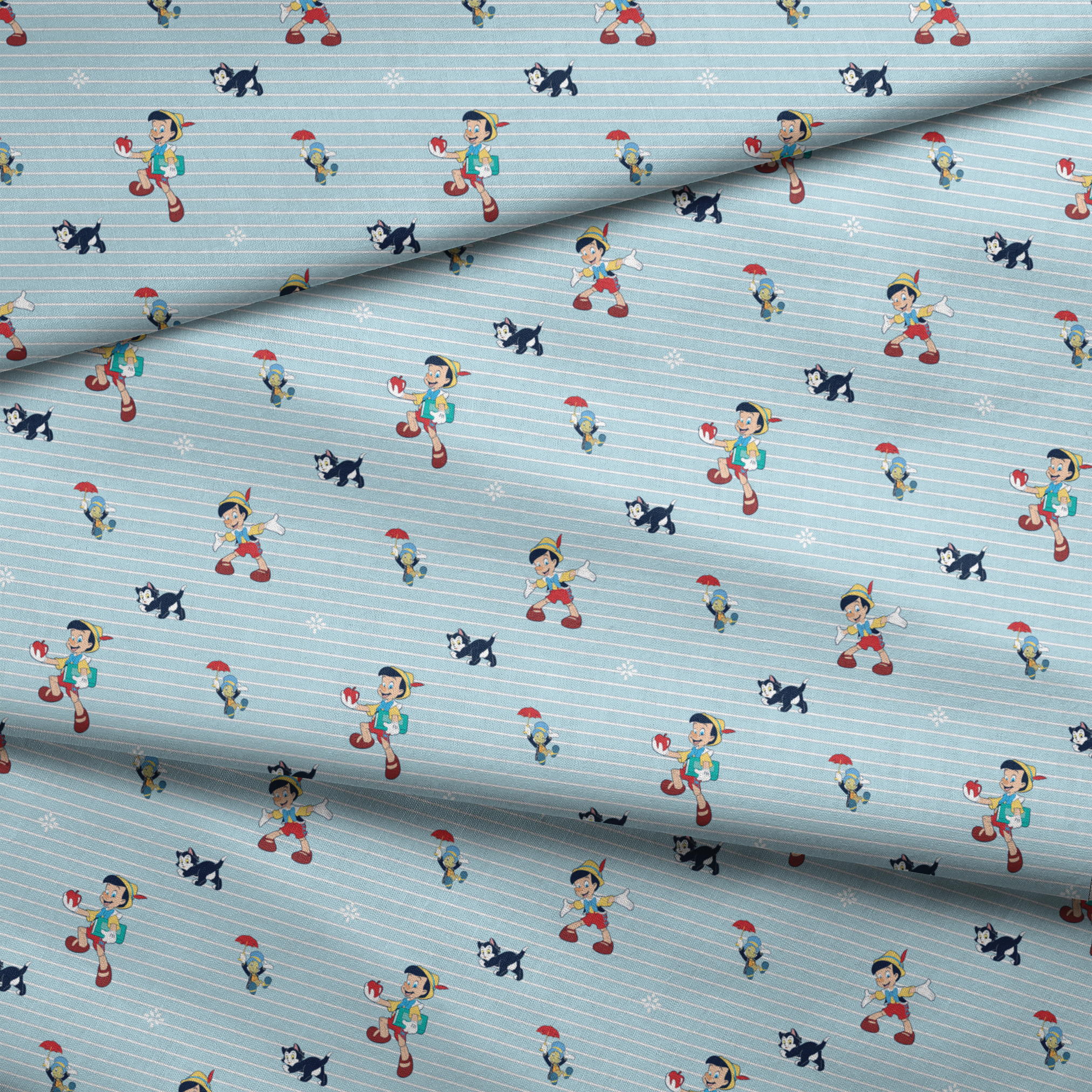 Cartoon pattern with boy character holding apple, black kittens, snowflakes on light blue striped background fabric fold mockup