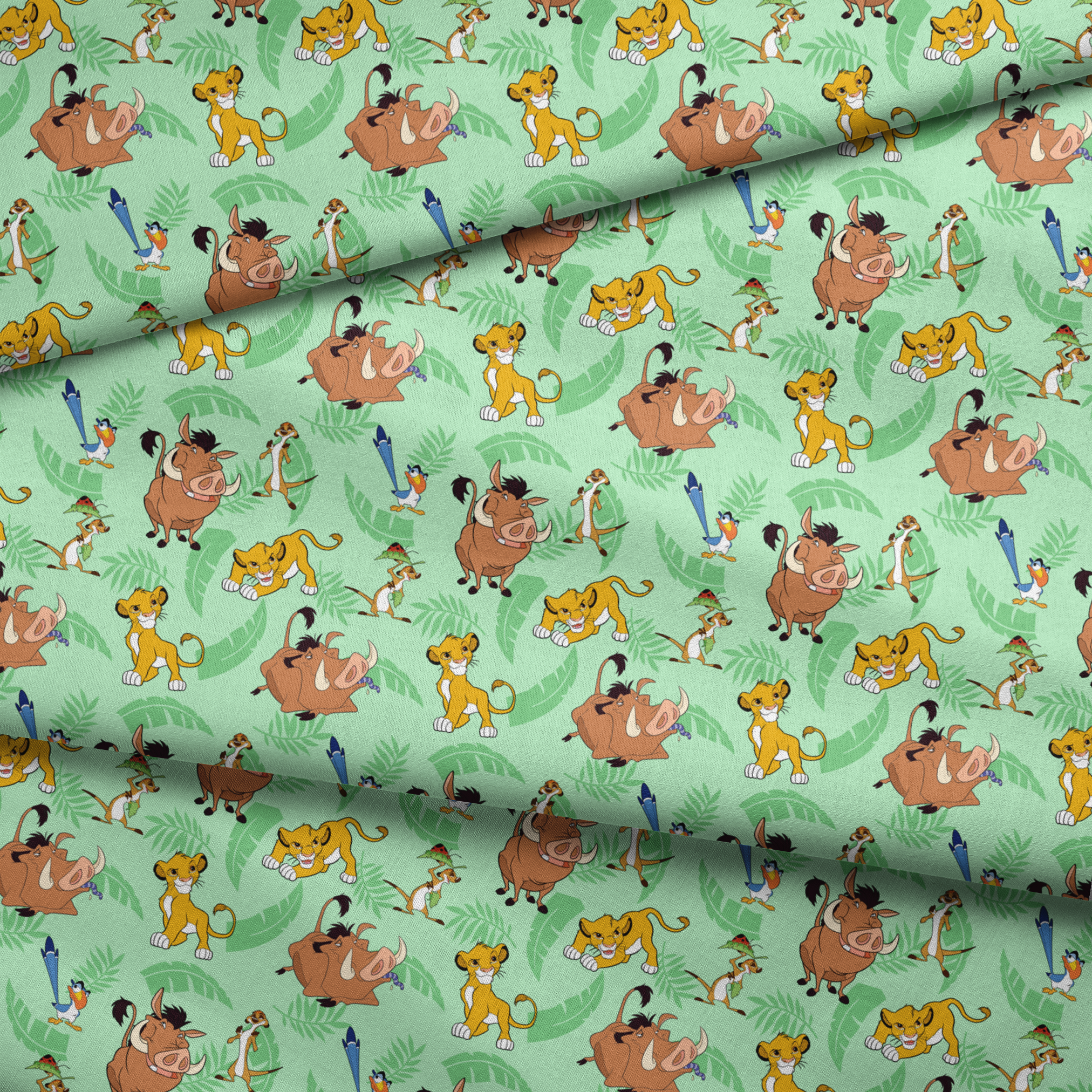 A repeating pattern of Lion King characters - Simba, Timon, Pumbaa, and Zazu on a light green leafy background. fabric fold mockup
