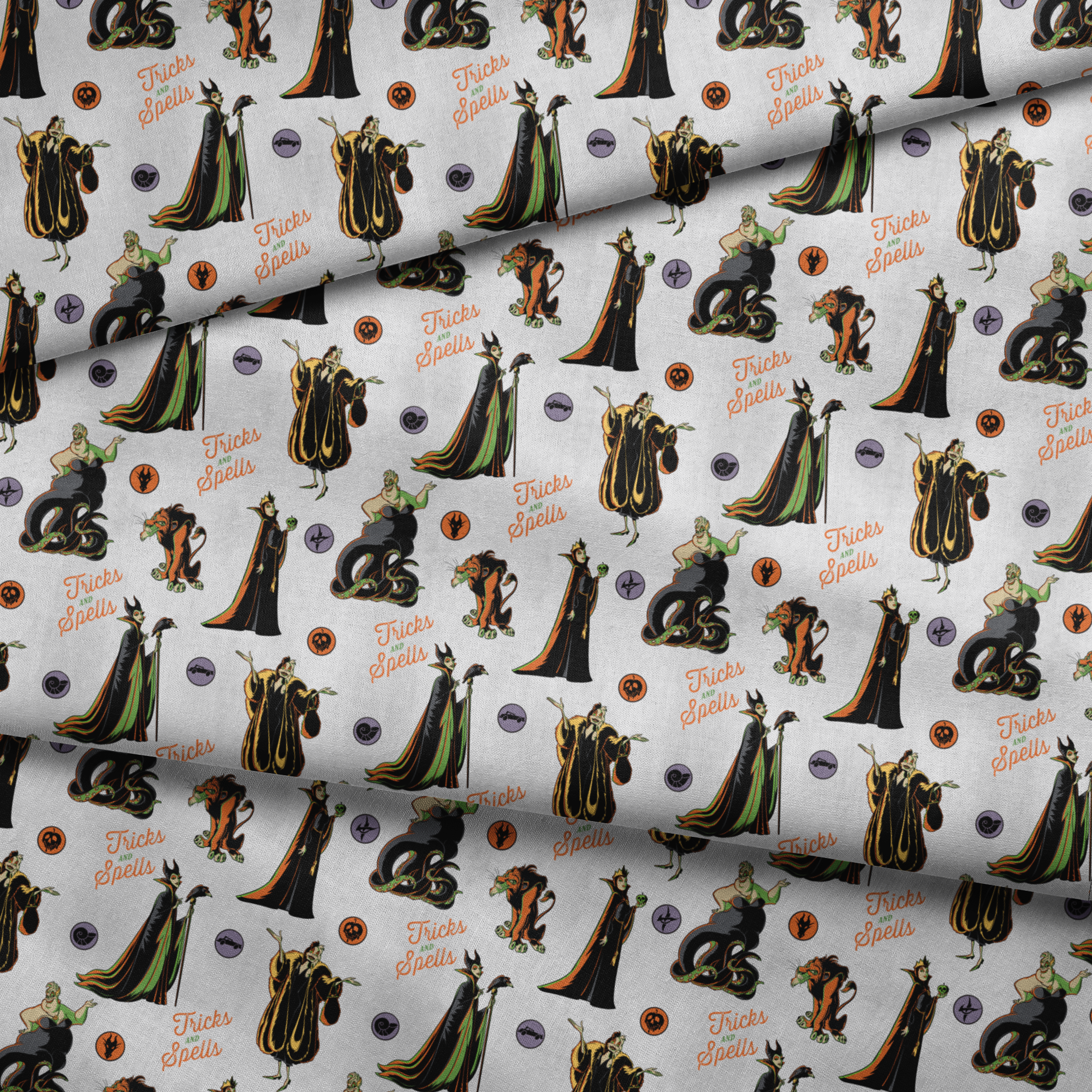 Halloween pattern with Disney villains, spells text, and magical symbols on light background fabric fold mockup
