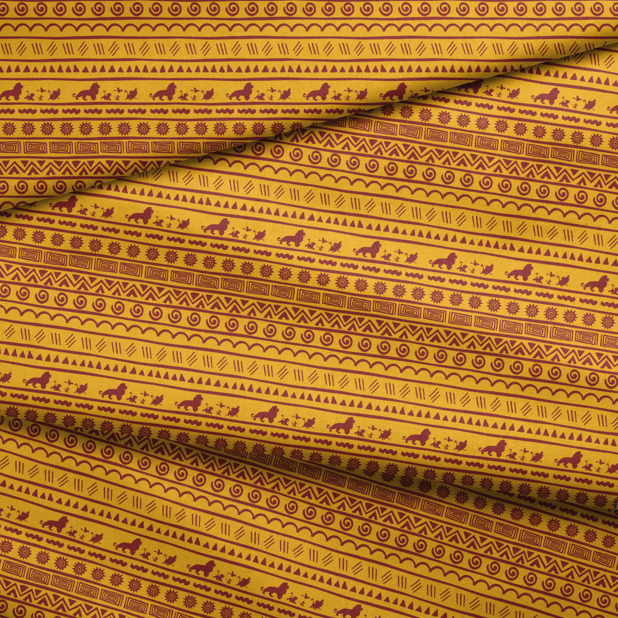Traditional African pattern in yellow and maroon with spirals, lions, geometric designs, and sun symbols arranged in horizontal bands fabric fold mockup