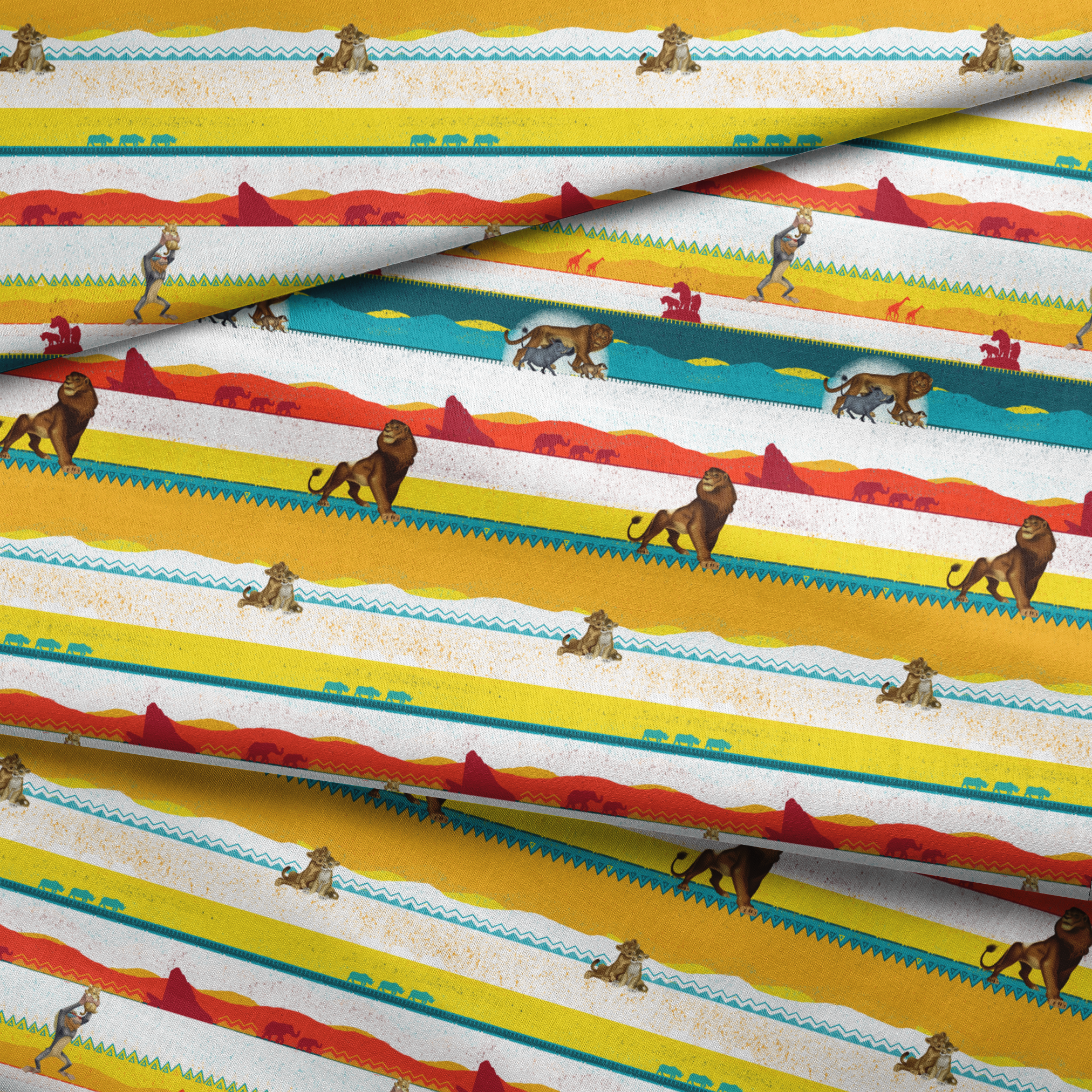 Colorful horizontal striped pattern featuring wildlife silhouettes including lion, elephant, and animals in savanna landscapes. fabric fold mockup