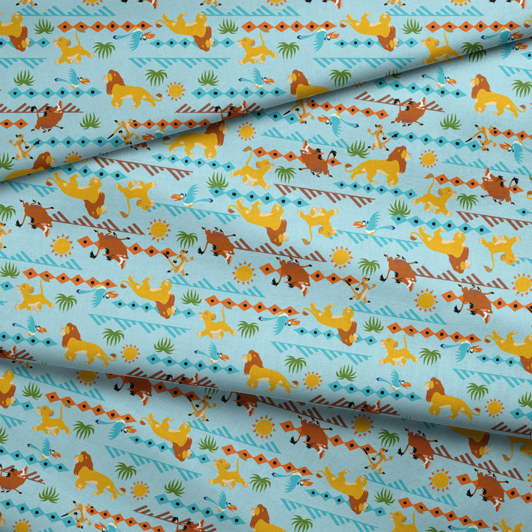 Colorful pattern with cartoon lions, palm trees, and sun designs on a light blue background fabric fold mockup