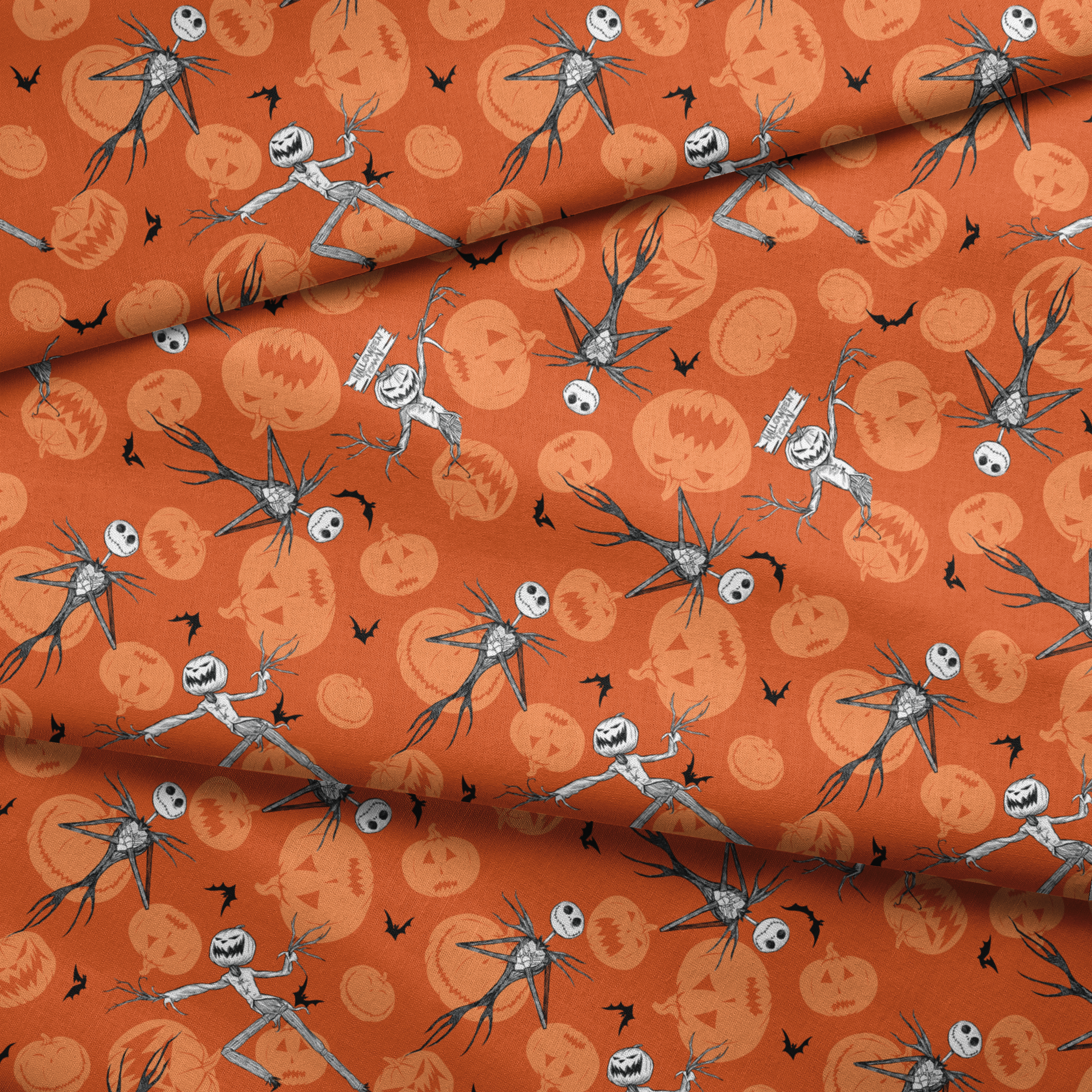 Nightmare Before Christmas pattern with Jack Skellington, bats, and jack-o'-lantern silhouettes on orange background fabric fold mockup