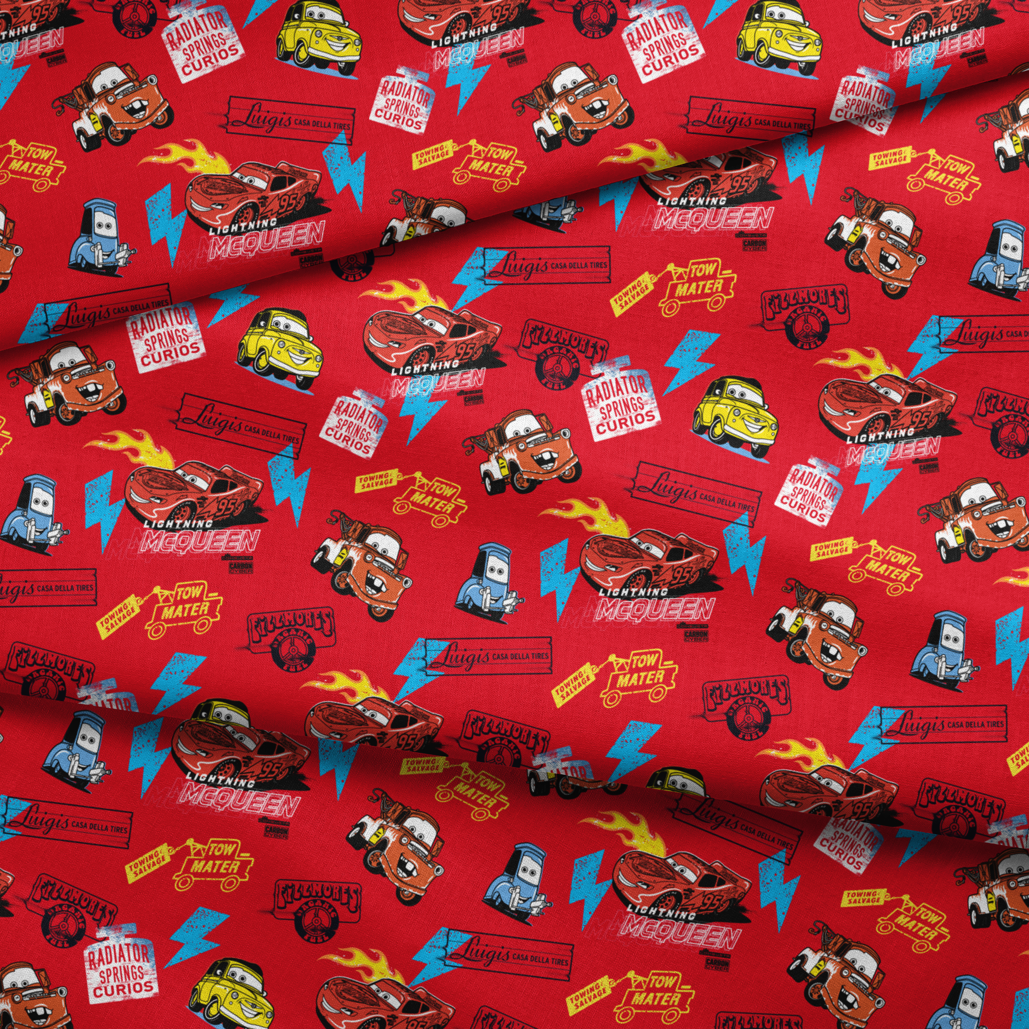 Colorful Disney Cars pattern featuring Lightning McQueen and Mater on vibrant red background with logos fabric fold mockup