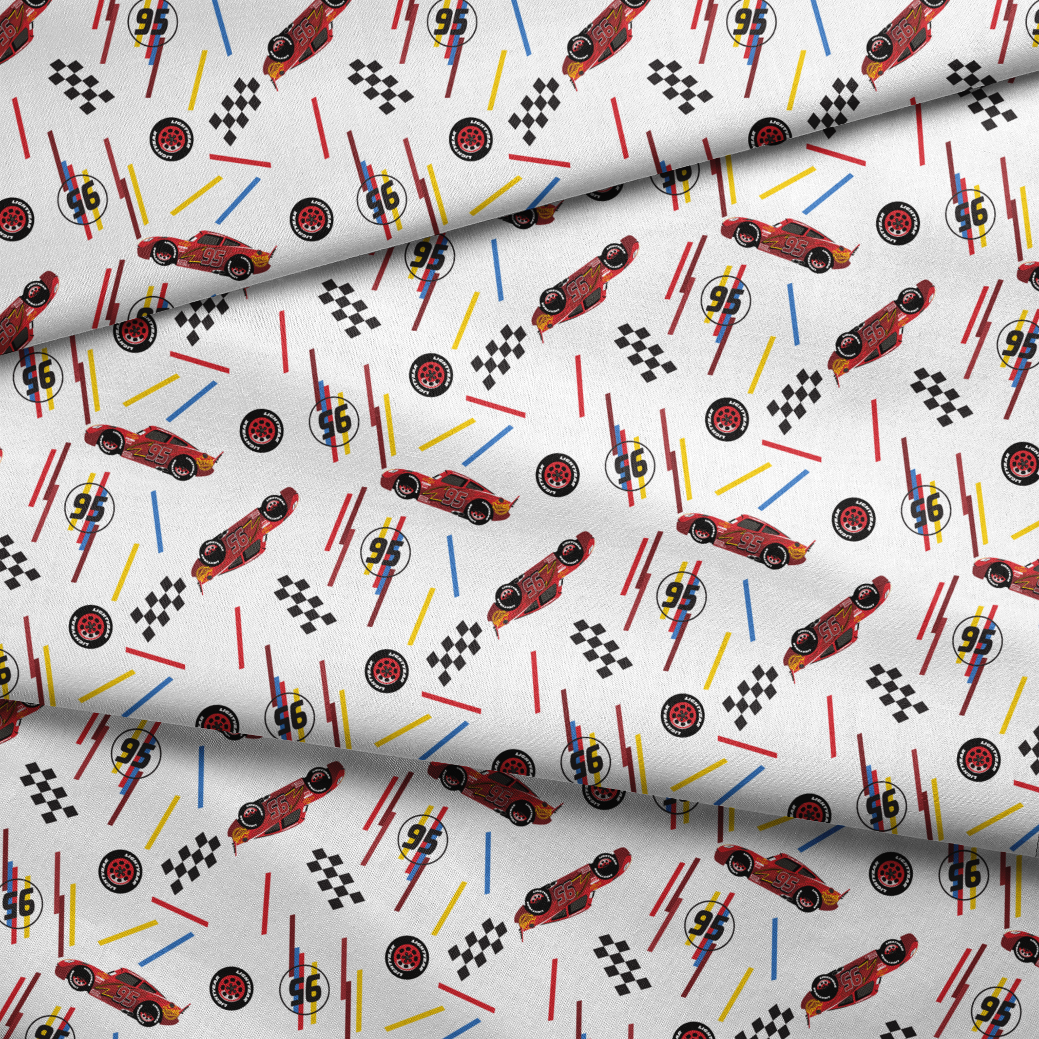 Racing car pattern with red toy cars, checkered flags, number 95 emblems, and colorful lines on white background fabric fold mockup