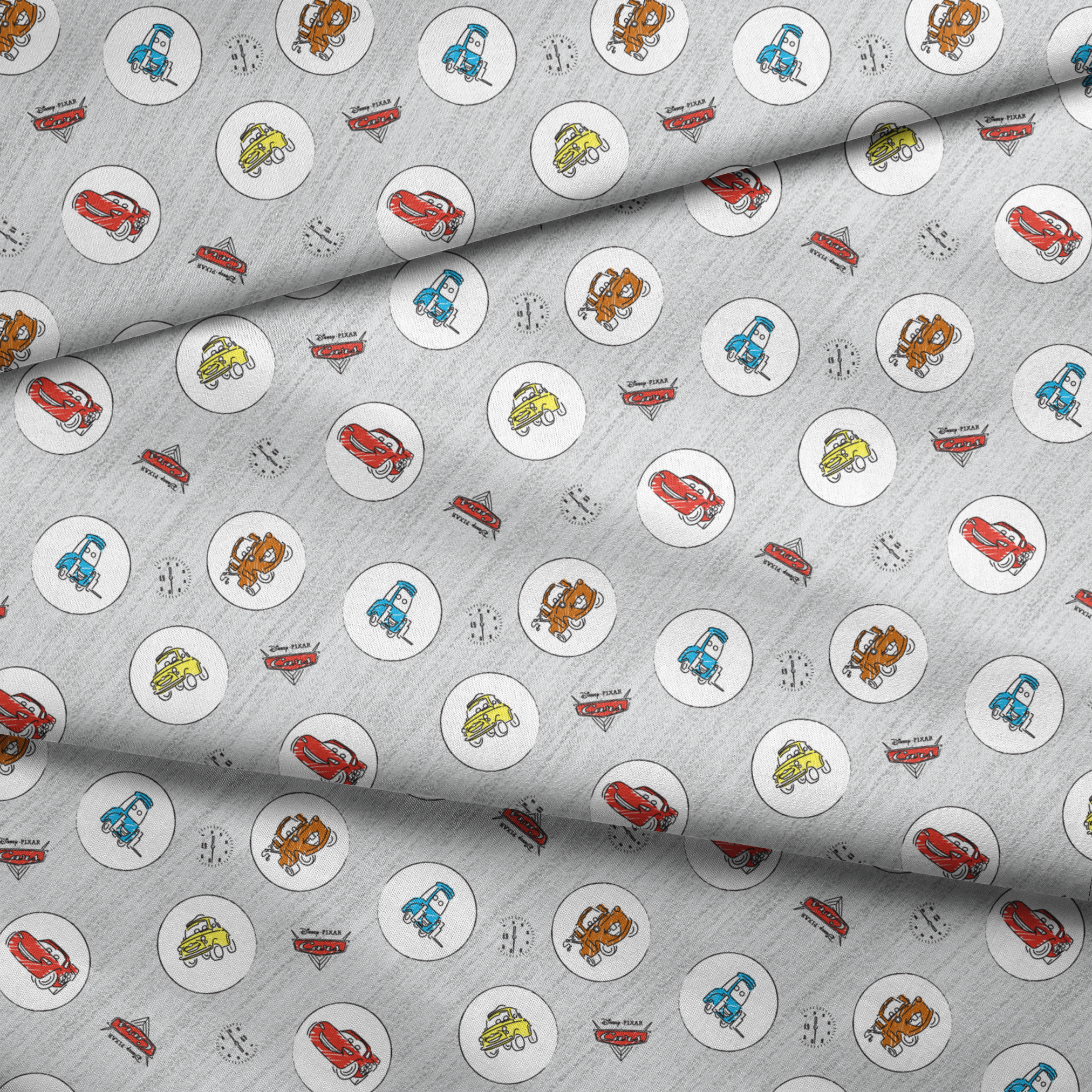 Cartoon Cars movie characters in white circles on a light gray sketched background with Cars logos fabric fold mockup