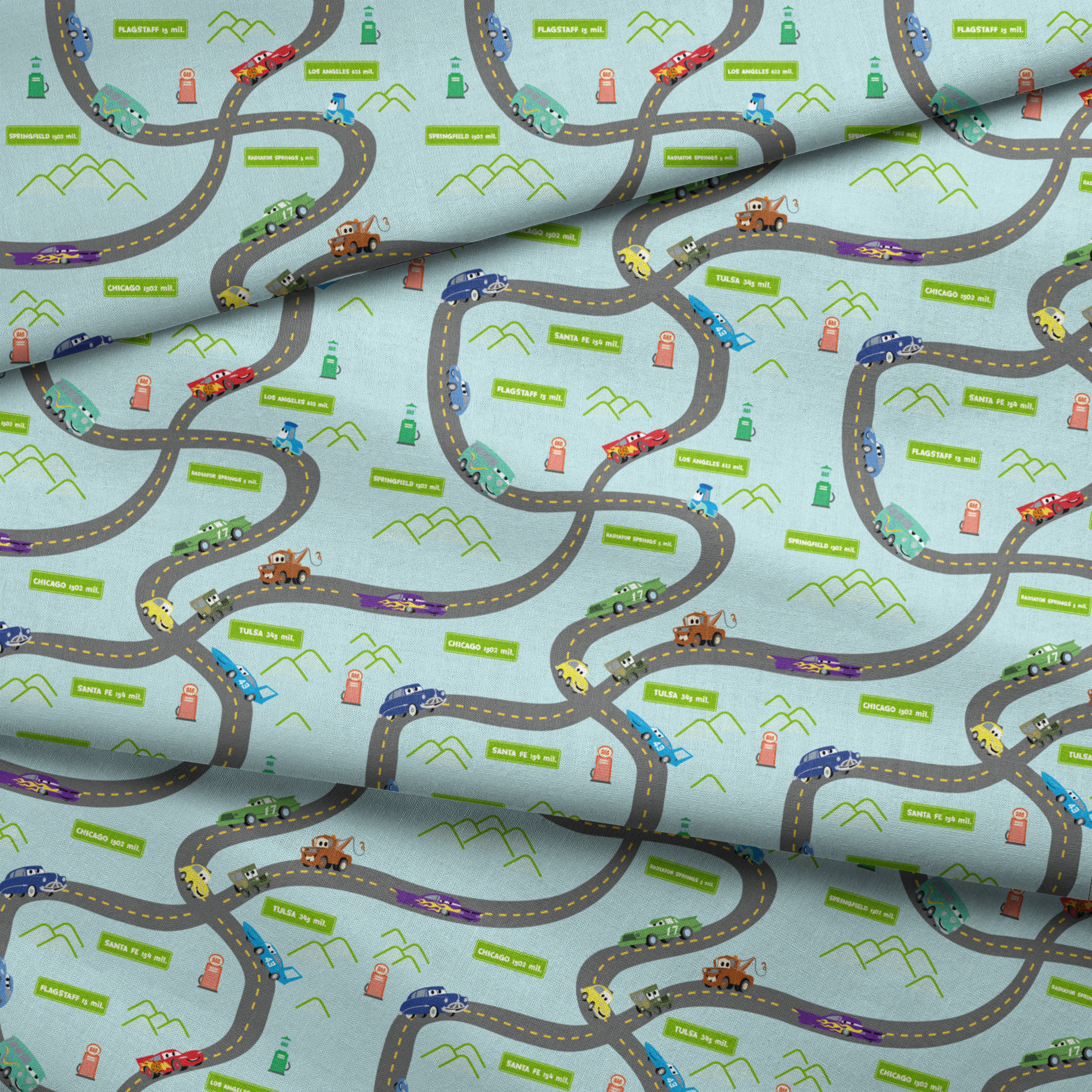 Cars from "Cars" movie on winding road with green speech bubbles showing different car brands and gas stations. fabric fold mockup