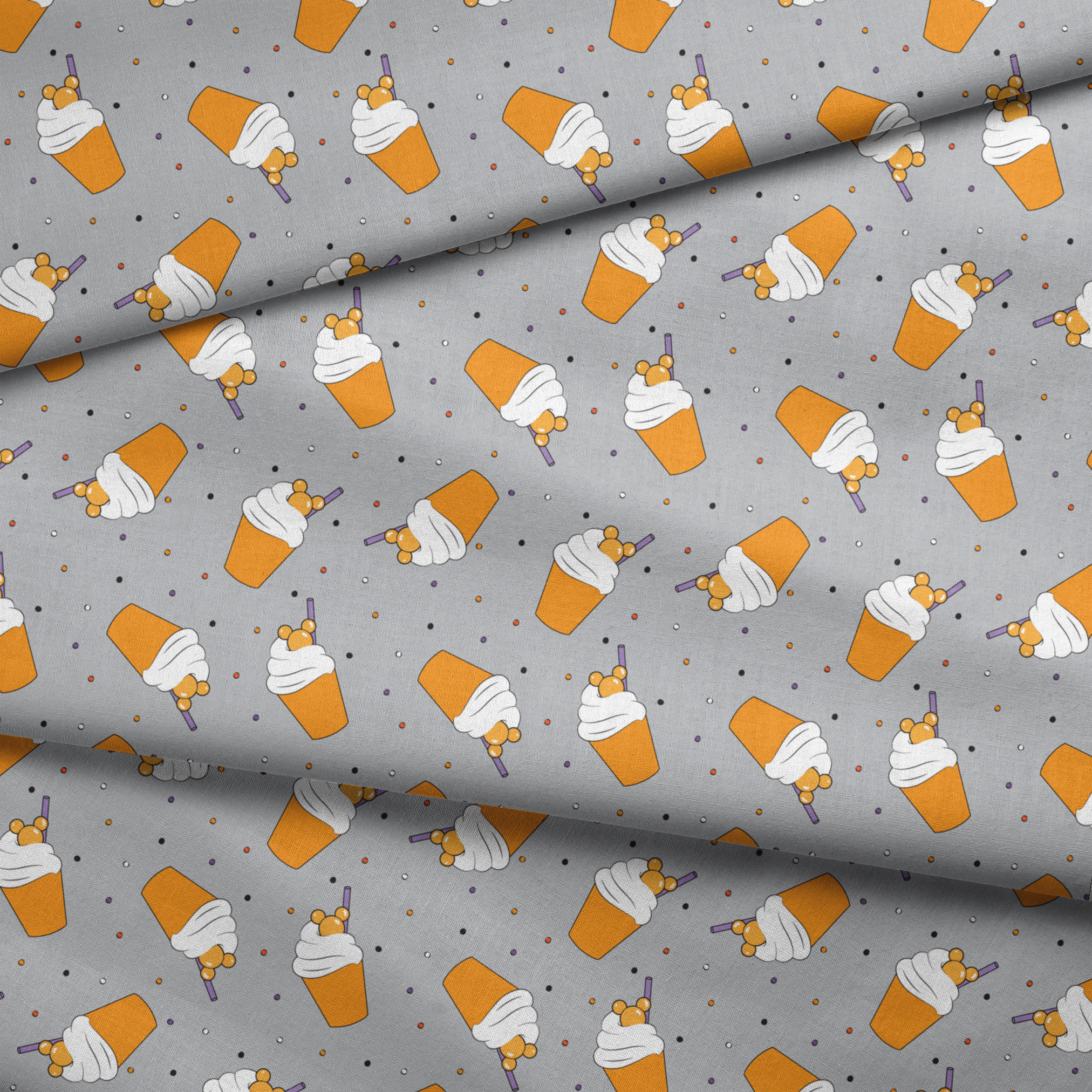 Orange Disney-inspired drinks with whipped cream and purple straws on gray background with colorful dots fabric fold mockup