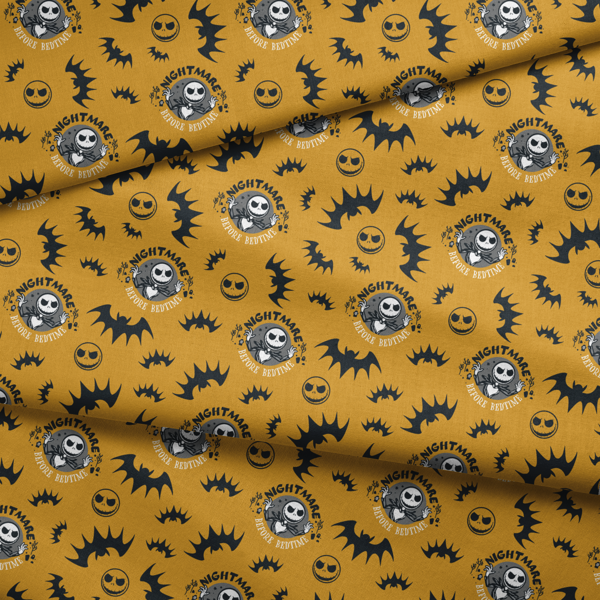 Halloween pattern with skeletal figure, "Nightmare" text, yellow background, black bats and smiling faces fabric fold mockup
