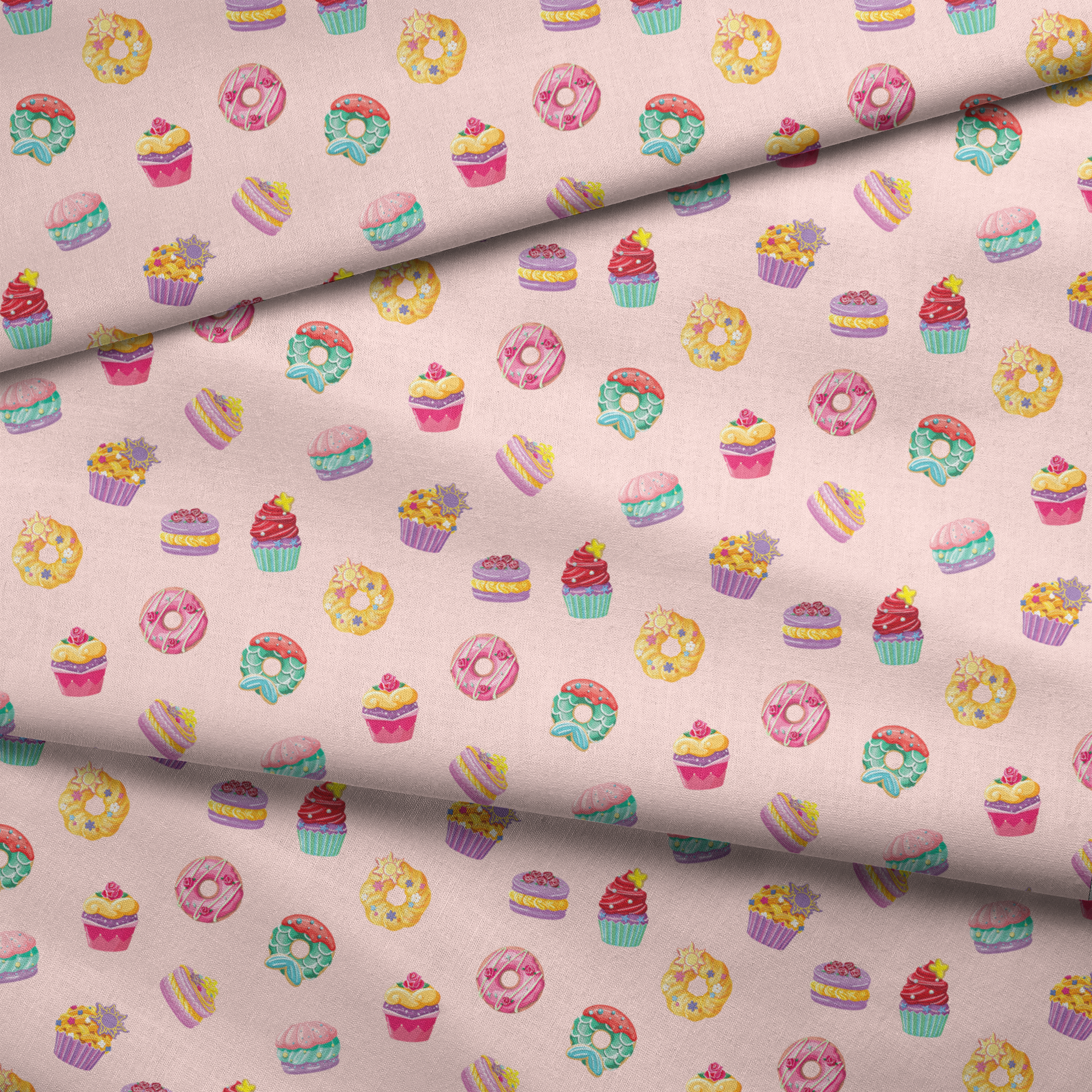 DIsney Princess-inspired dessert pattern with donuts, cupcakes, and macarons on a light pink background fabric fold mockup