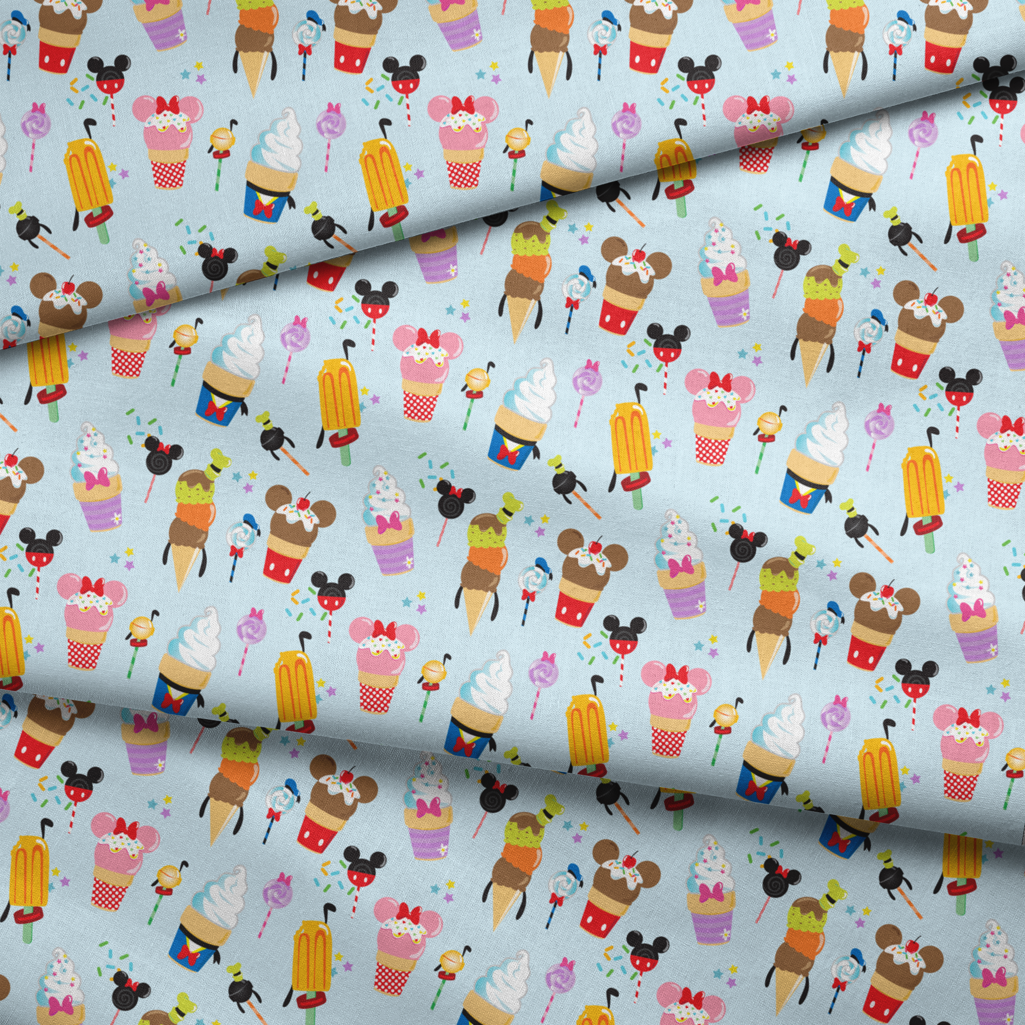 Disney-themed ice cream and sweet treats pattern with Mickey and Minnie icons on light blue background fabric fold mockup