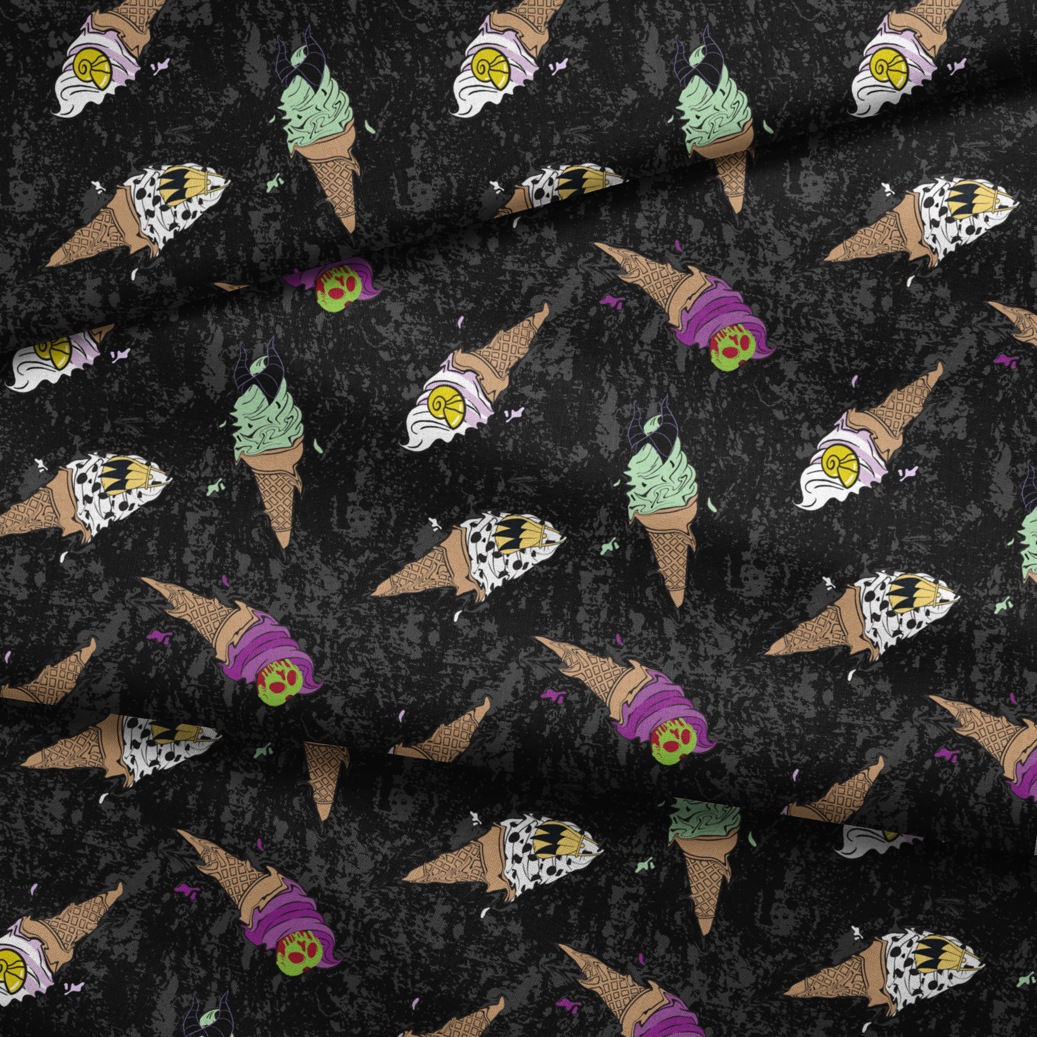 Disney Villain-inspired ice cream cones on black background fabric fold mockup