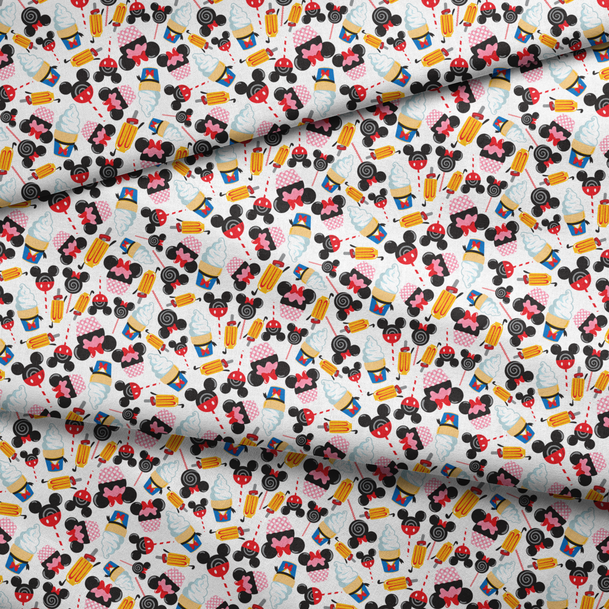 Disney-inspired pattern with ice cream cones and colorful swirled decorative elements on white background fabric fold mockup
