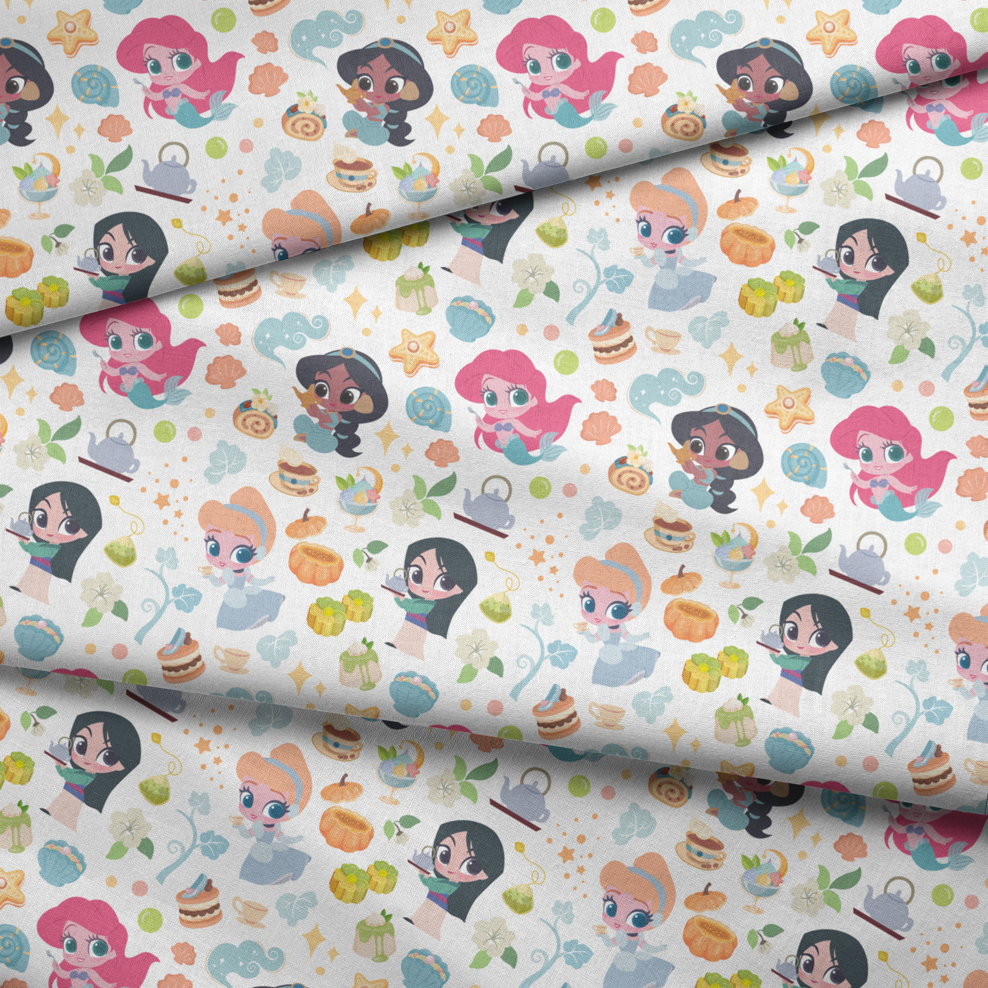 Disney Princess pattern with iconic characters, teapots, shells, sweets and gift boxes on white background fabric fold mockup