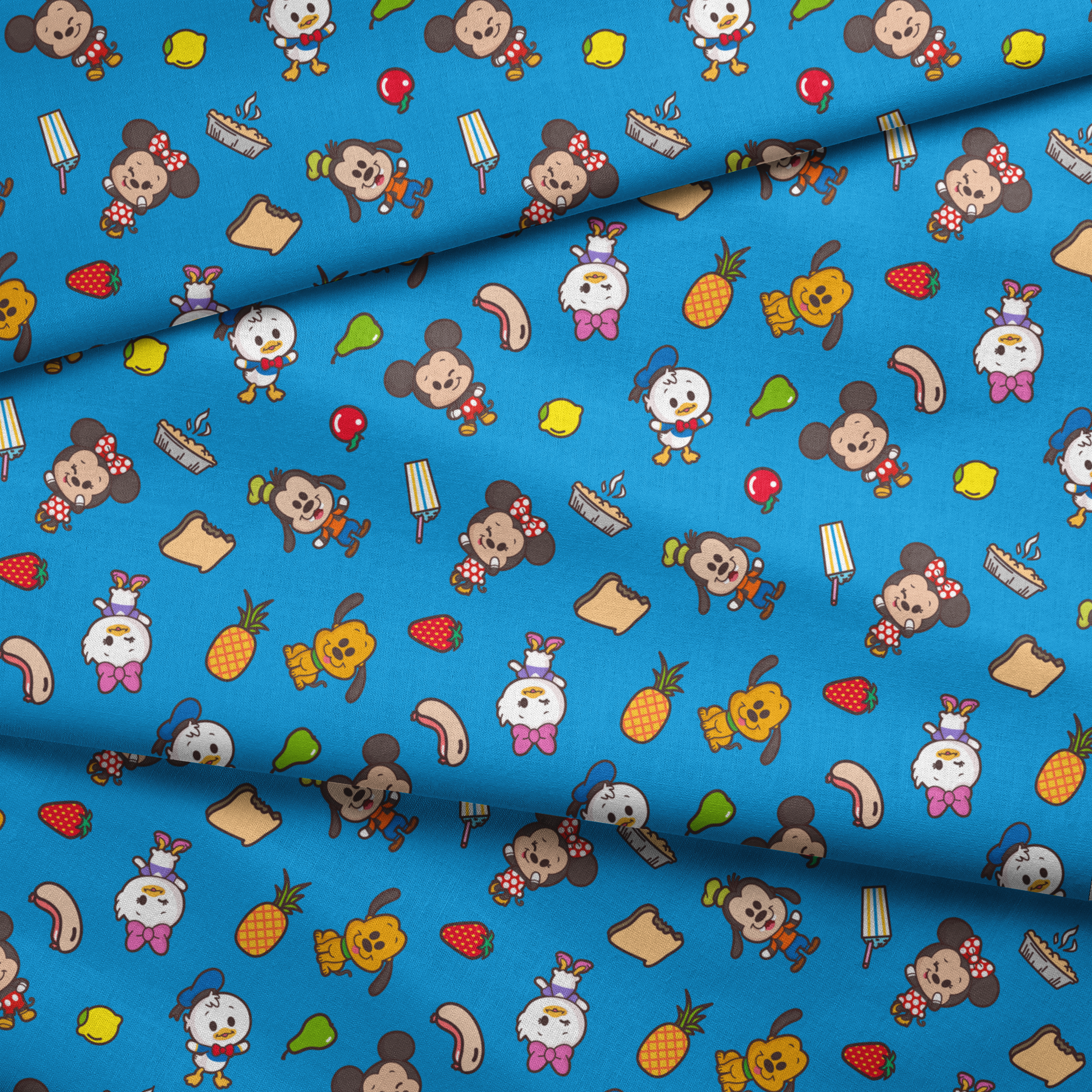 Mickey, friends, and food items pattern on blue background, featuring Mickey, Minnie, Donald, and fruit icons fabric fold mockup