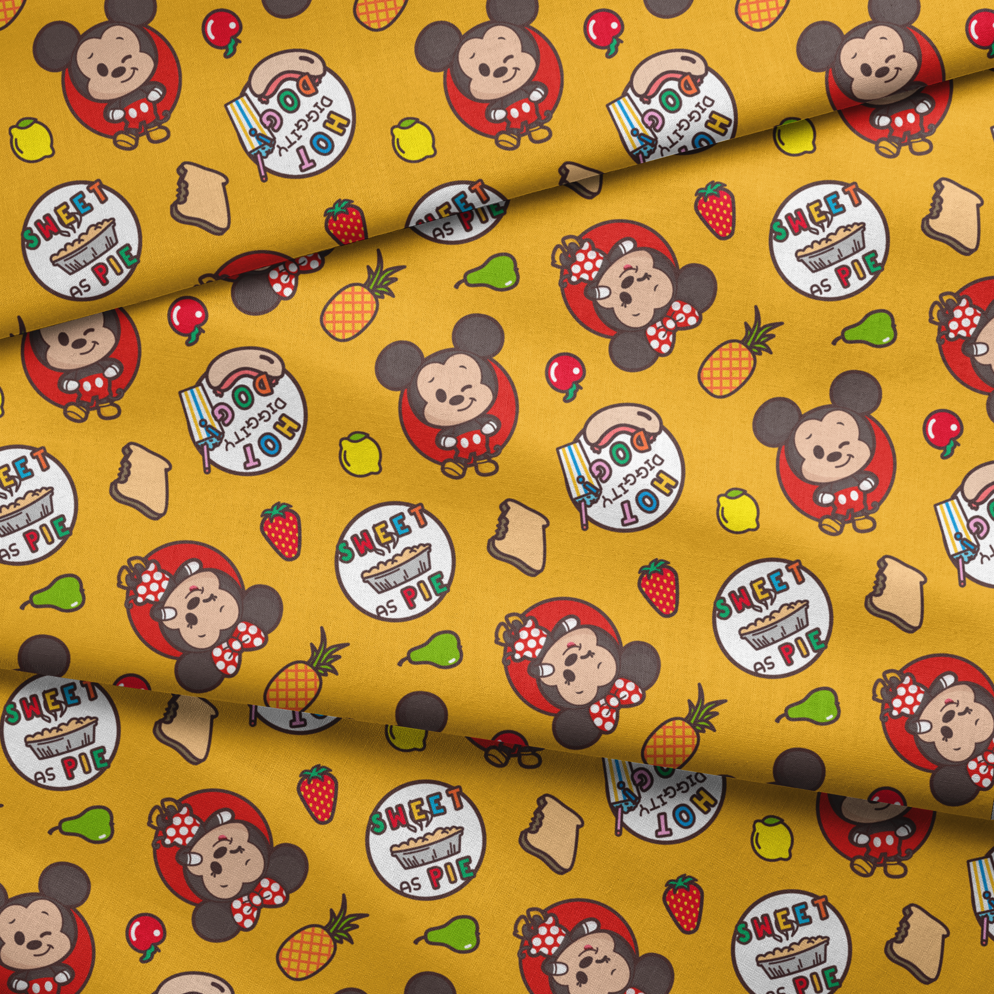 Mickey & Minnie Mouse with round badges on yellow background with fruit icons and toast patterns fabric fold mockup