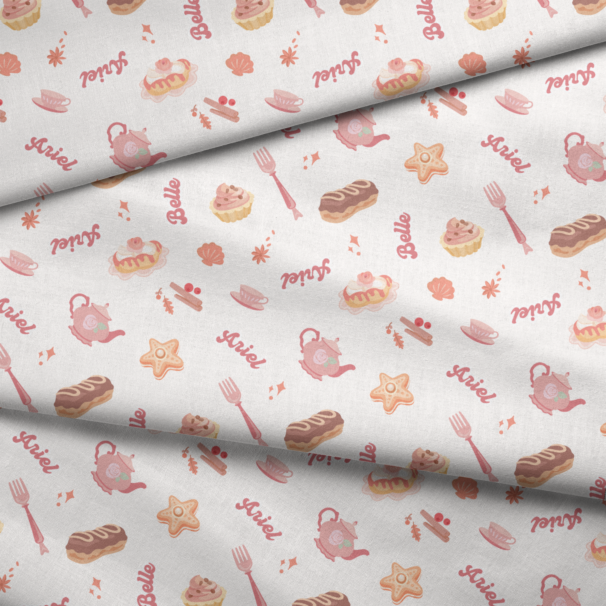 Disney Princess bakery pattern with desserts, teapot, teacup, and text on cream background fabric fold mockup
