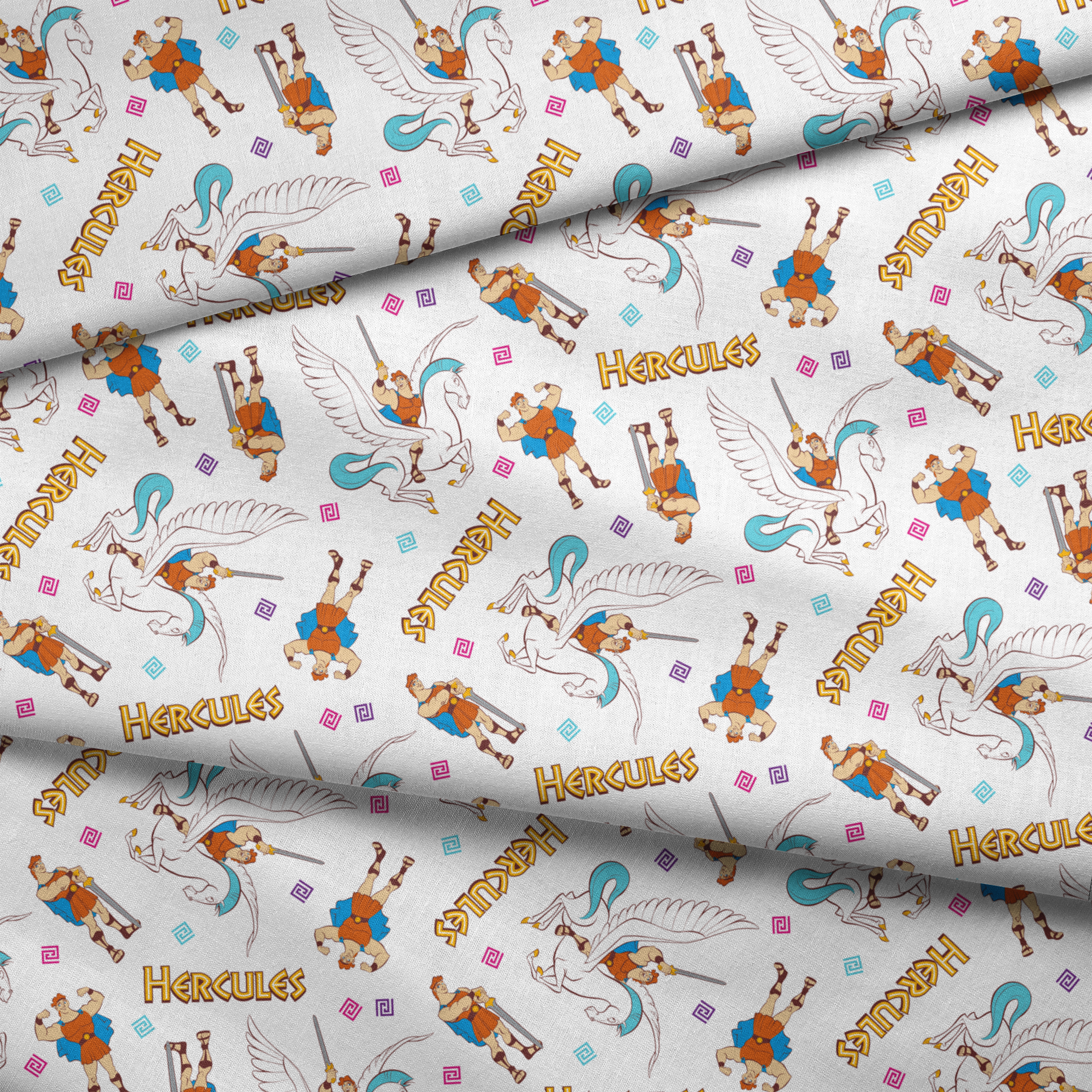 Cartoon pattern of Hercules characters with Pegasus, swords, and "HERCULES" text on white background fabric fold mockup