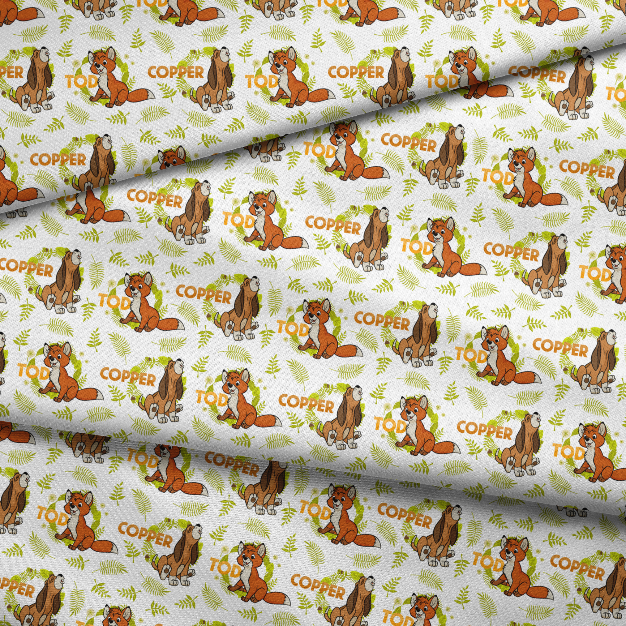 Fox and the Hound pattern with name "COPPER" and green fern background design fabric fold mockup
