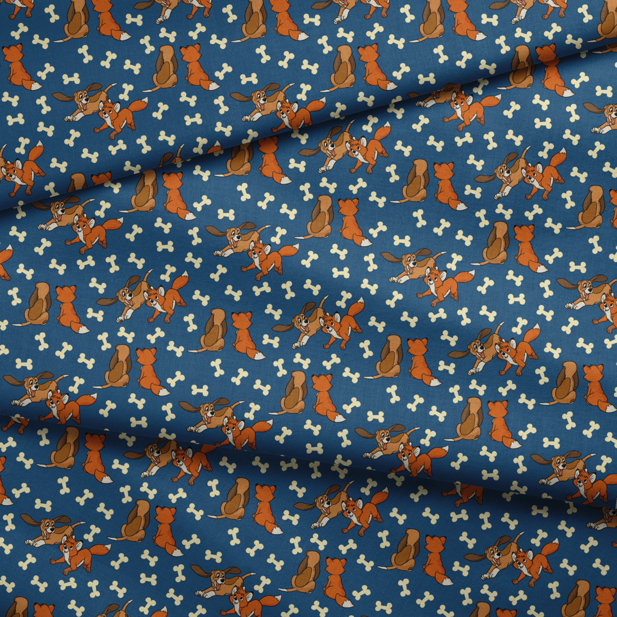Fox and the Hound characters playing against blue background with scattered bone pattern fabric fold mockup