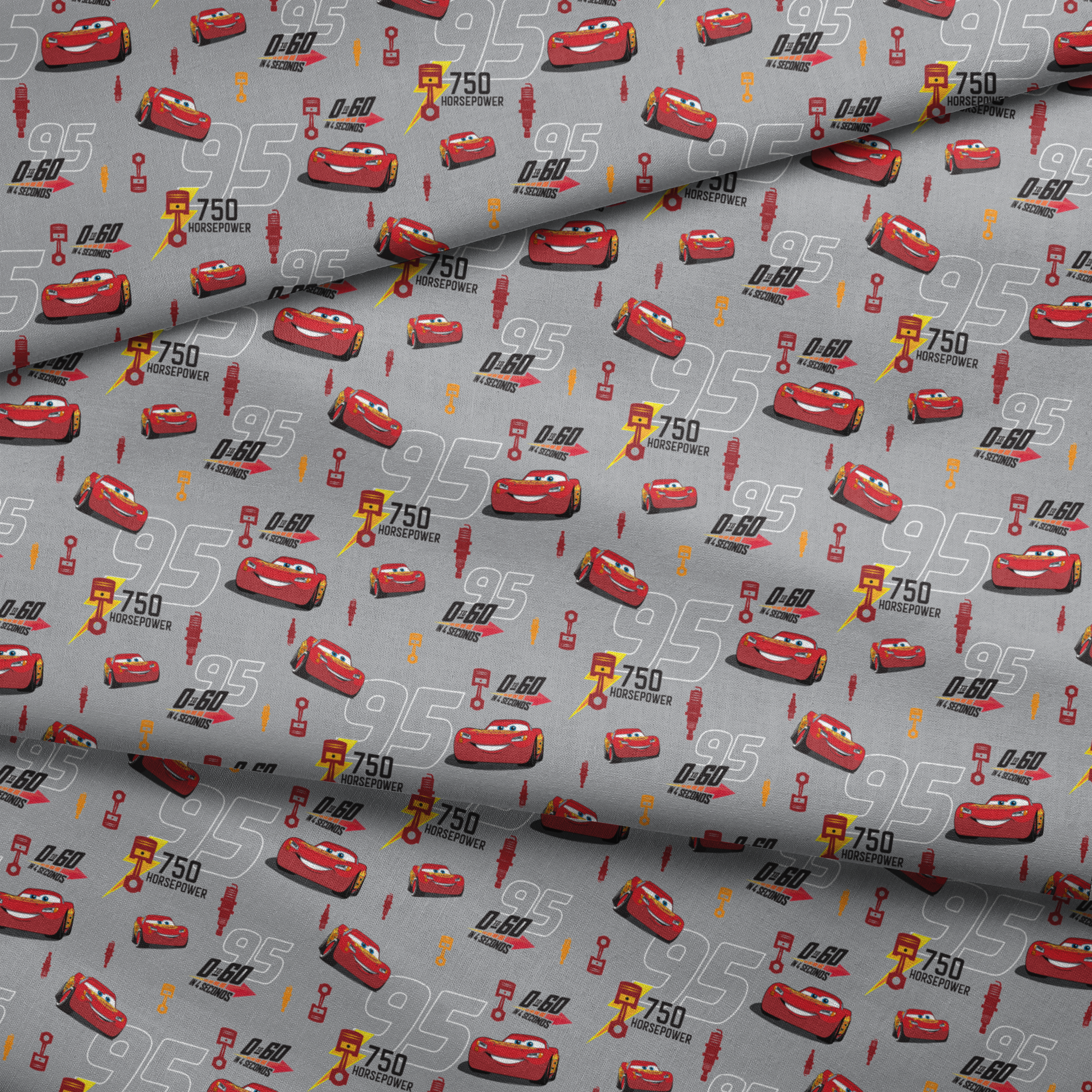 Red race cars with number 95 on gray background with racing graphics and "750 horsepower" text fabric fold mockup